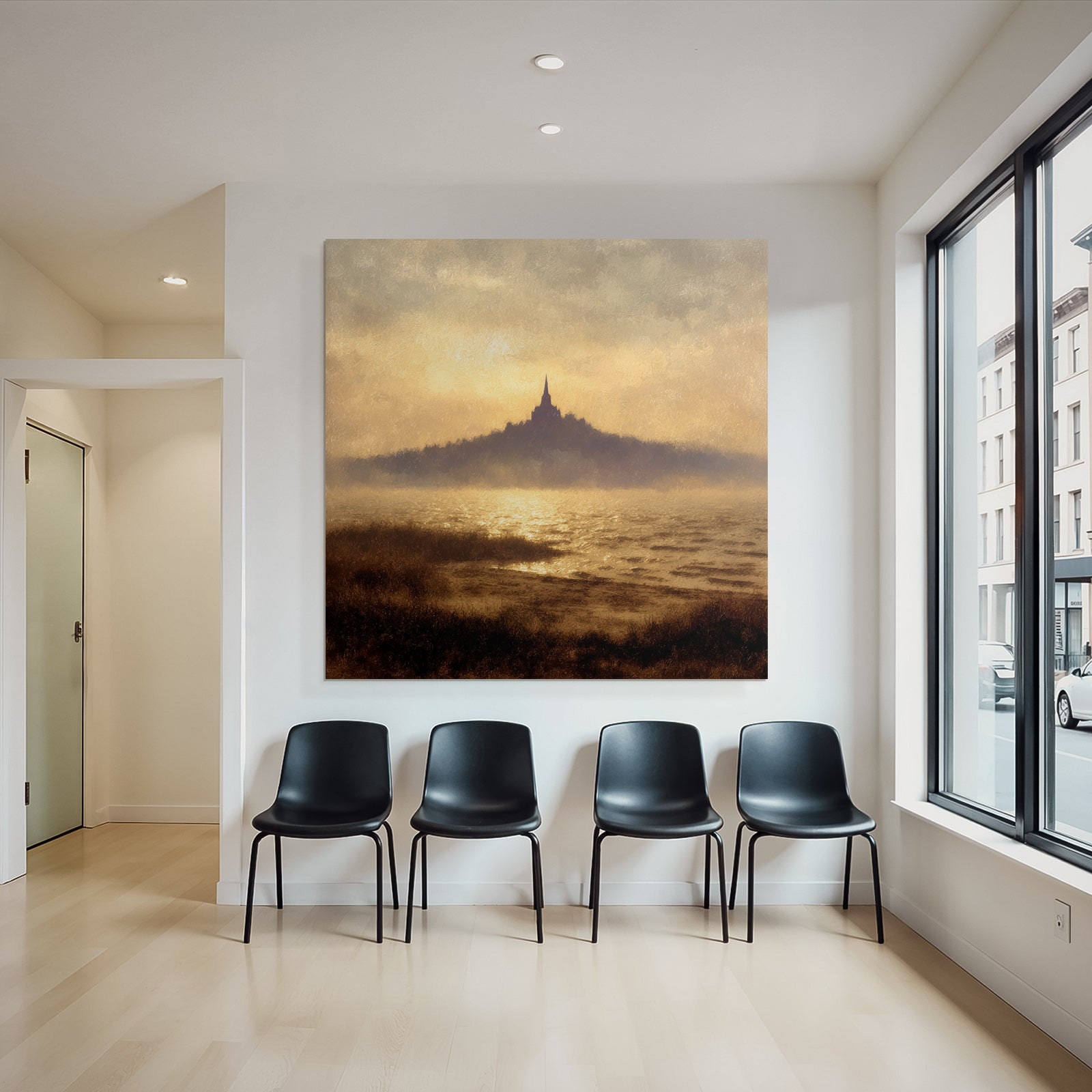 Silhoütte Eines Hügels Mit Turm Und Wasserreflexion Vor Goldenem Sonnenuntergang