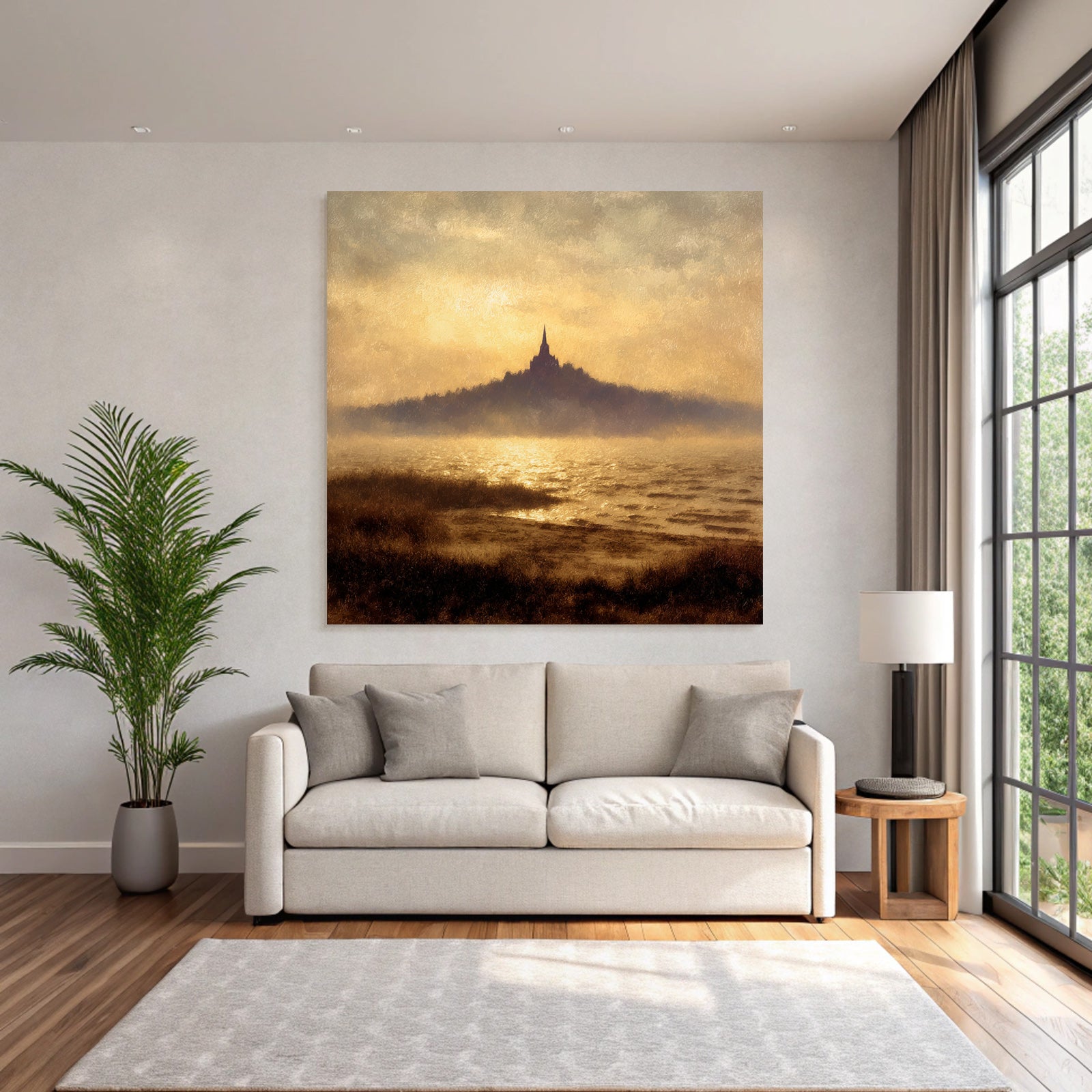 Silhoütte Eines Hügels Mit Turm Und Wasserreflexion Vor Goldenem Sonnenuntergang