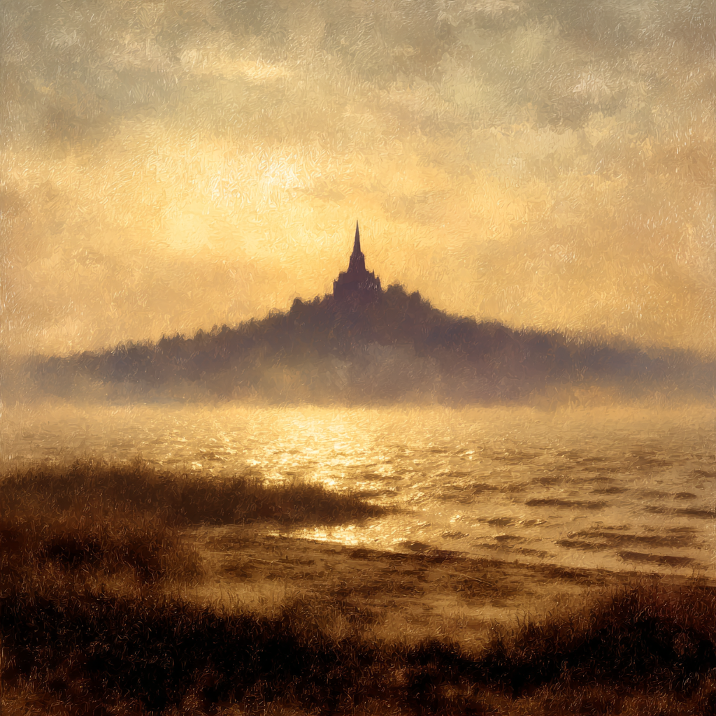 Silhoütte Eines Hügels Mit Turm Und Wasserreflexion Vor Goldenem Sonnenuntergang | Nebel und Wetter | Natur