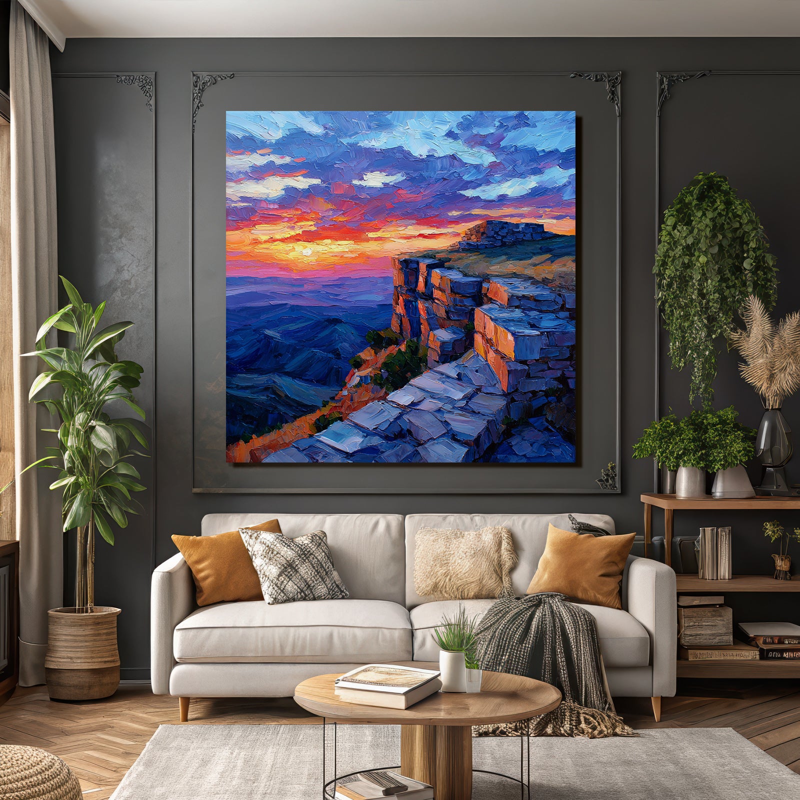 Sunset on rocky cliffs with colorful sky