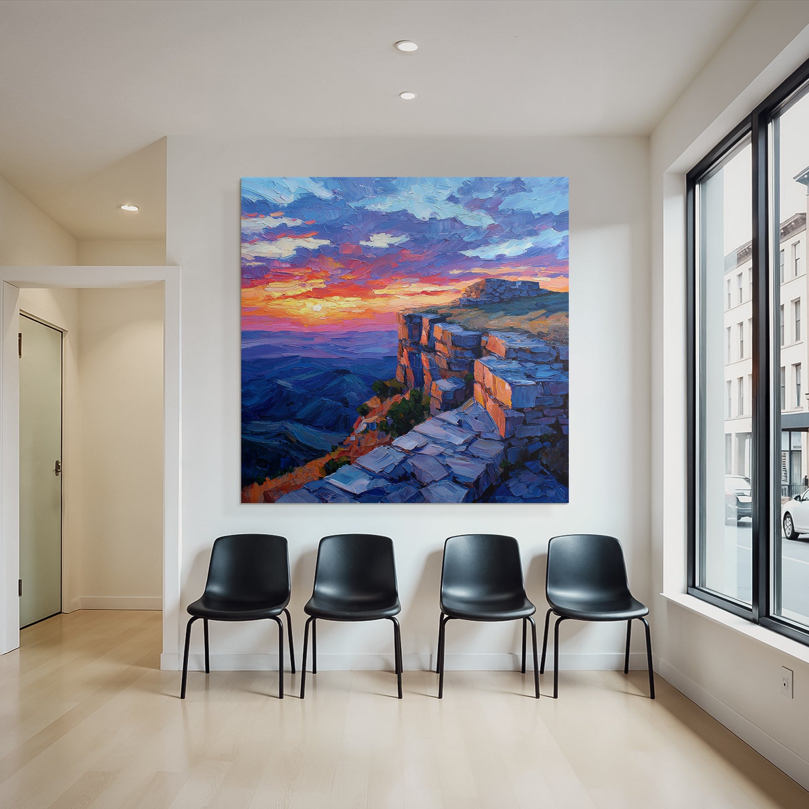 Sunset on rocky cliffs with colorful sky