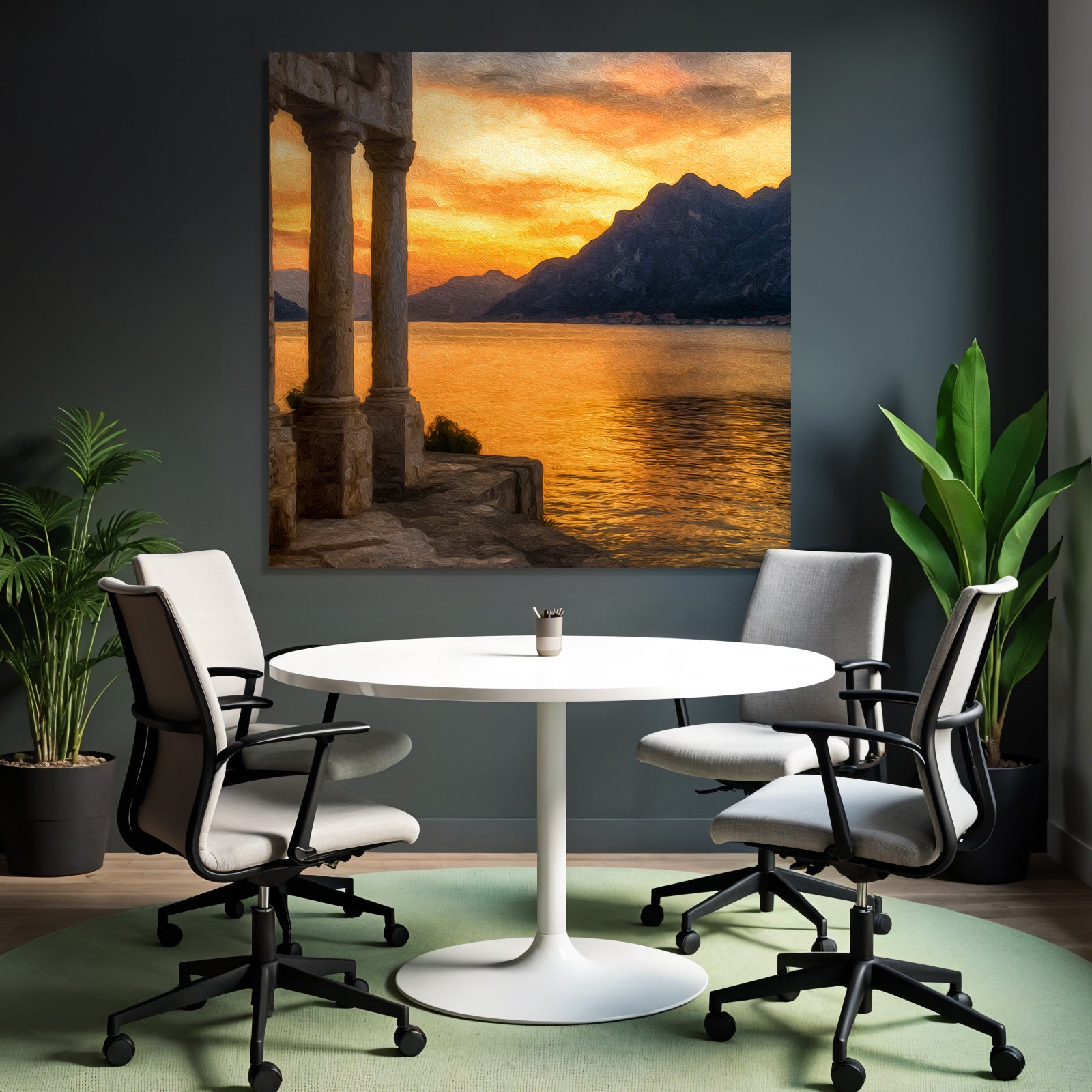 Sunset landscape with mountains and pillars by the water