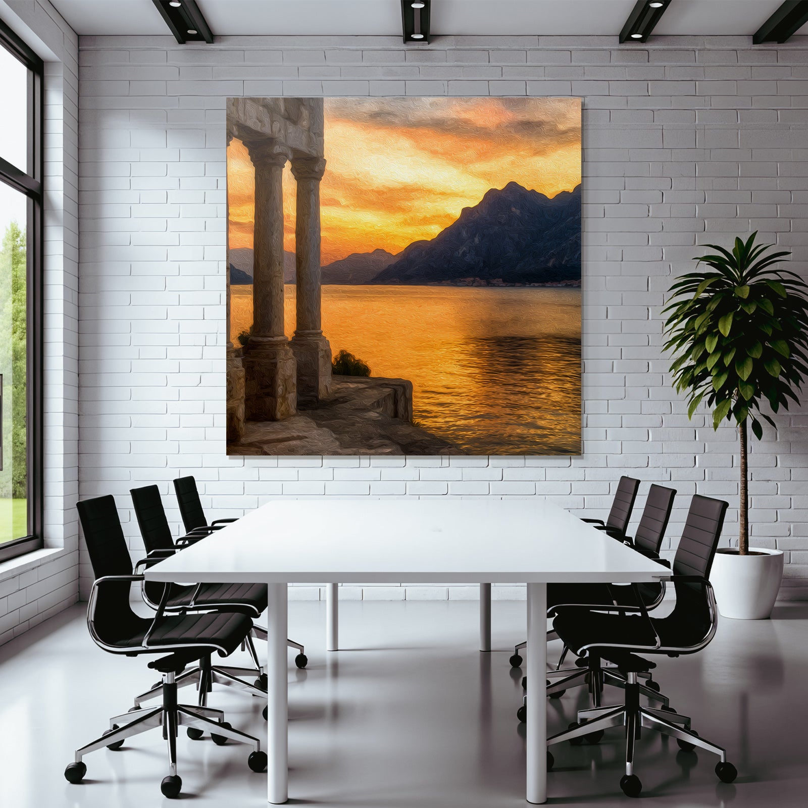 Sunset landscape with mountains and pillars by the water