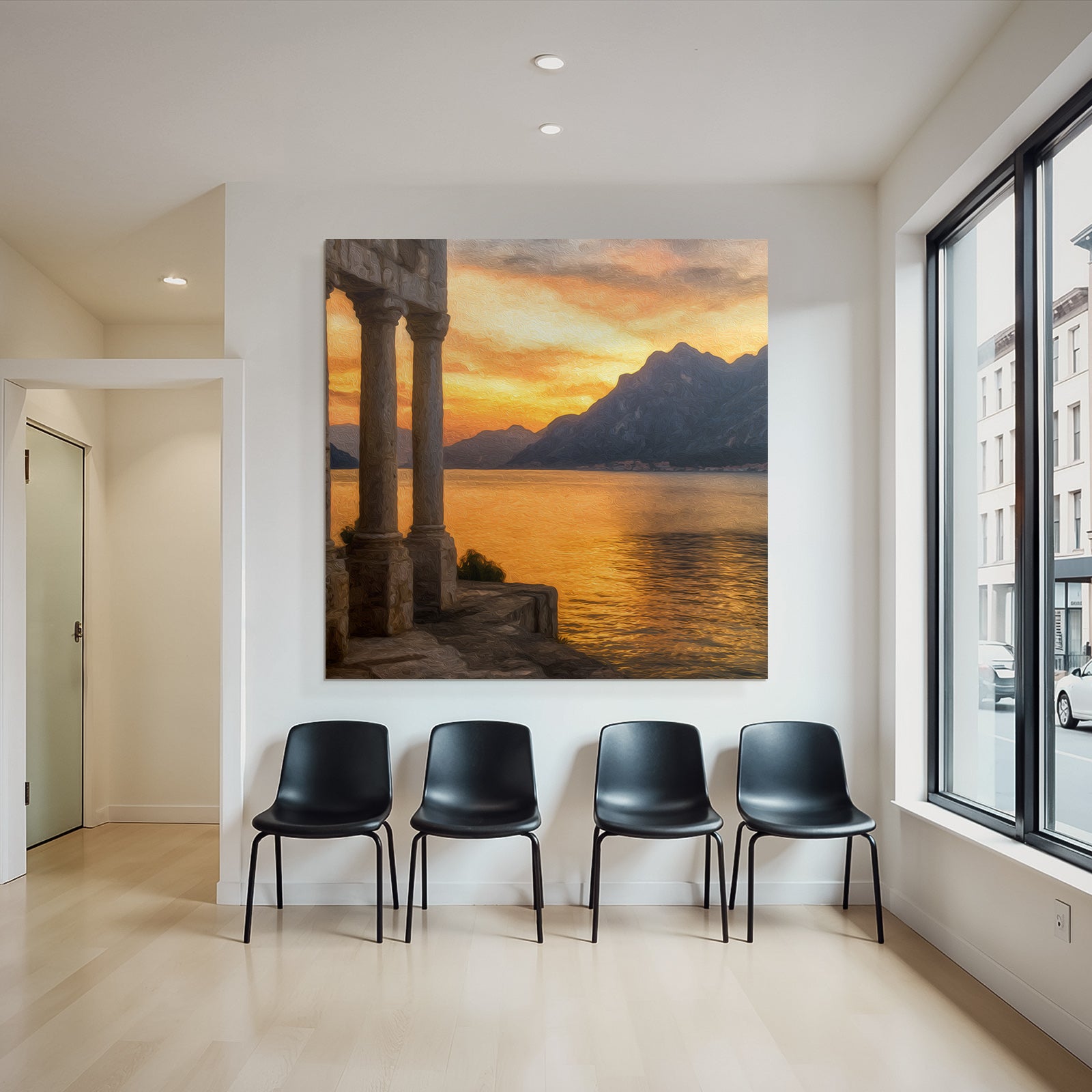 Sunset landscape with mountains and pillars by the water