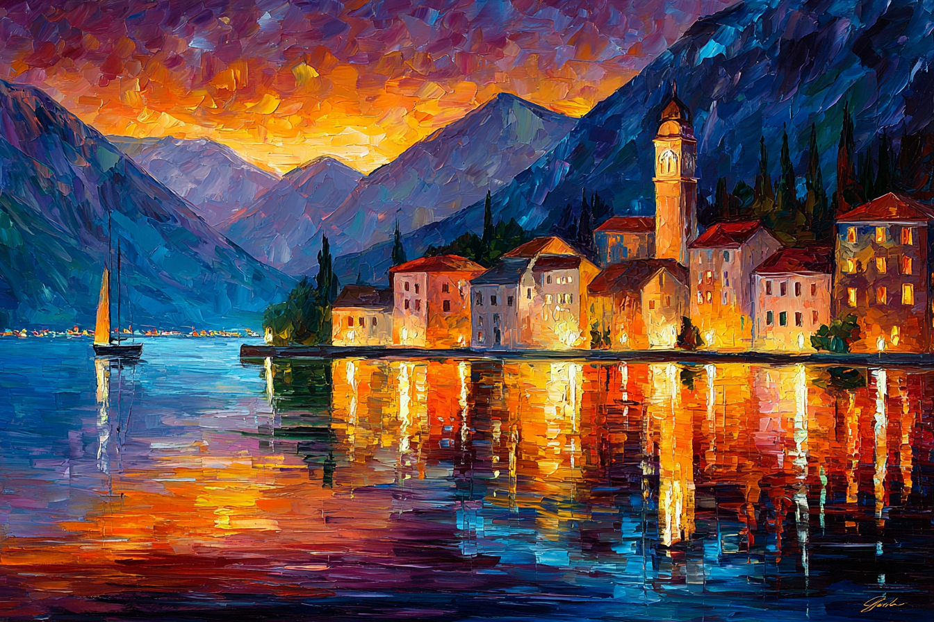 Seeuferdorf Beim Sonnenuntergang | Nebel und Wetter | Natur