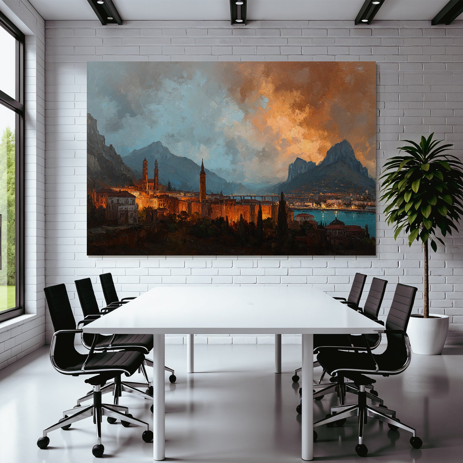 Sunset at the lake with mountain view and village