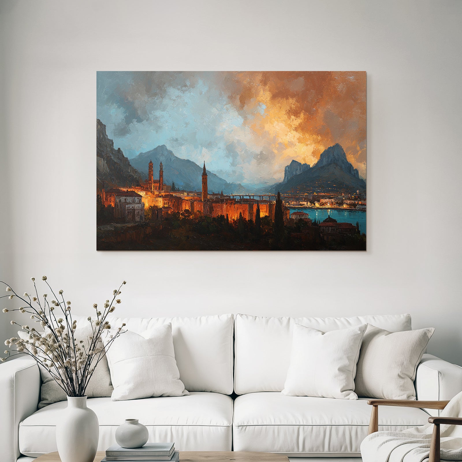 Sunset at the lake with mountain view and village