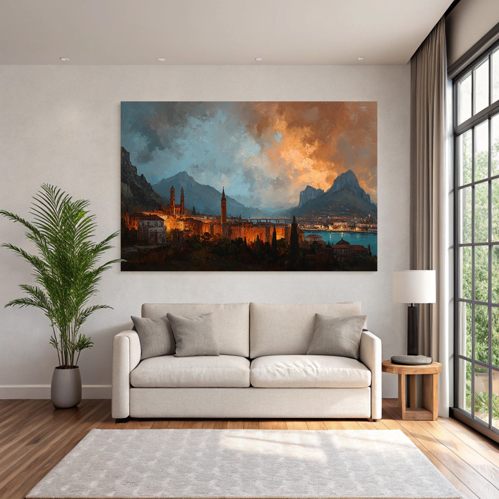 Sunset at the lake with mountain view and village