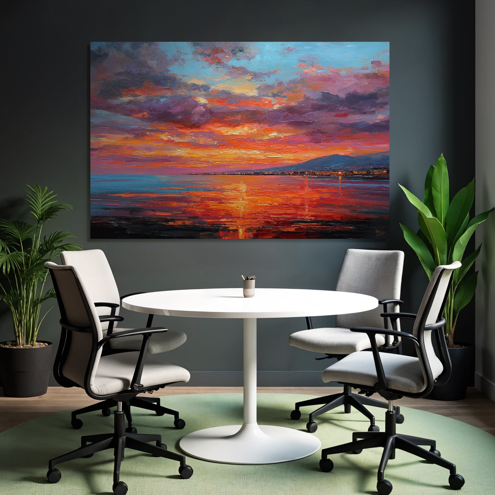 Sunset on the water with mountains, city lights and brushstrokes