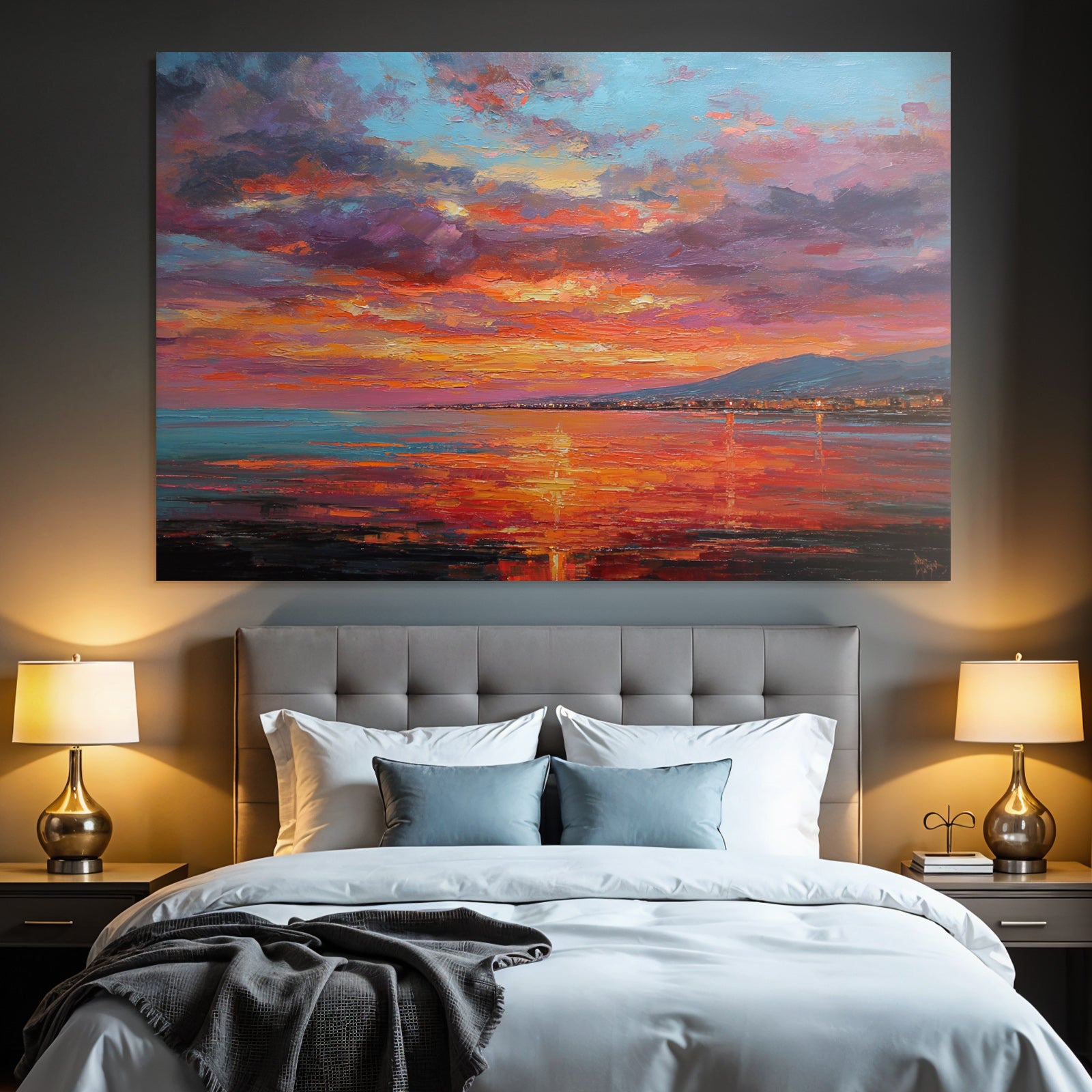 Sunset on the water with mountains, city lights and brushstrokes