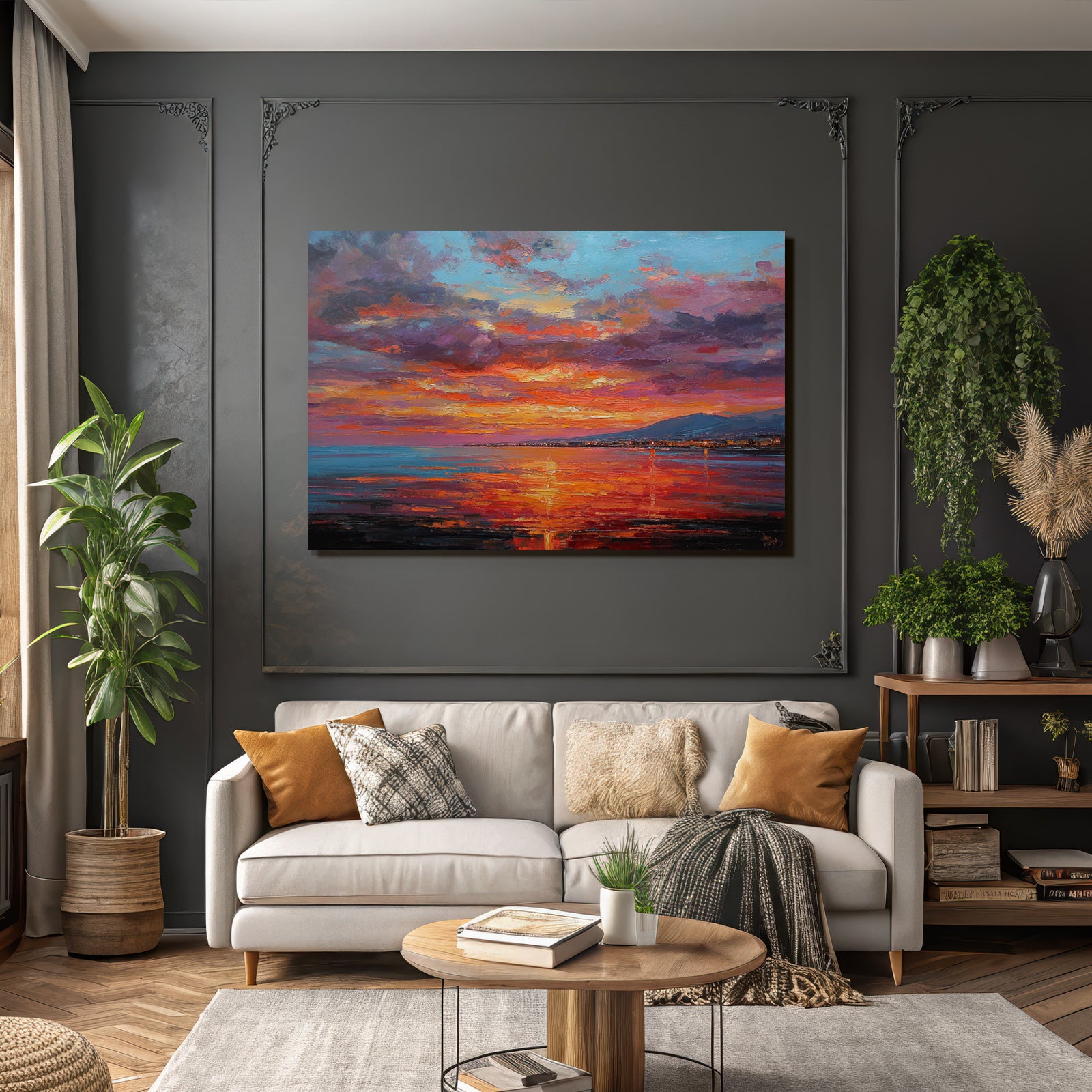 Sunset on the water with mountains, city lights and brushstrokes