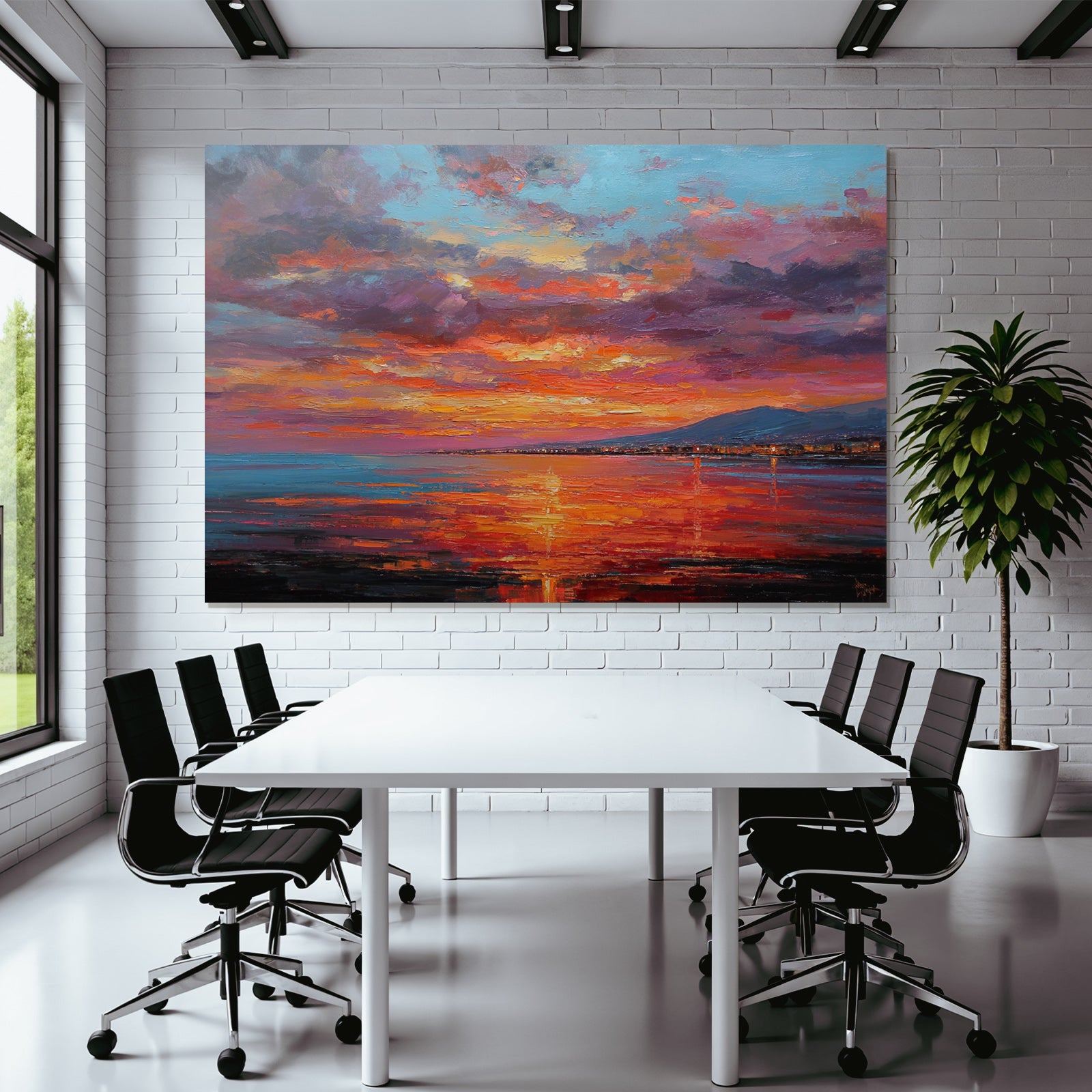 Sunset on the water with mountains, city lights and brushstrokes