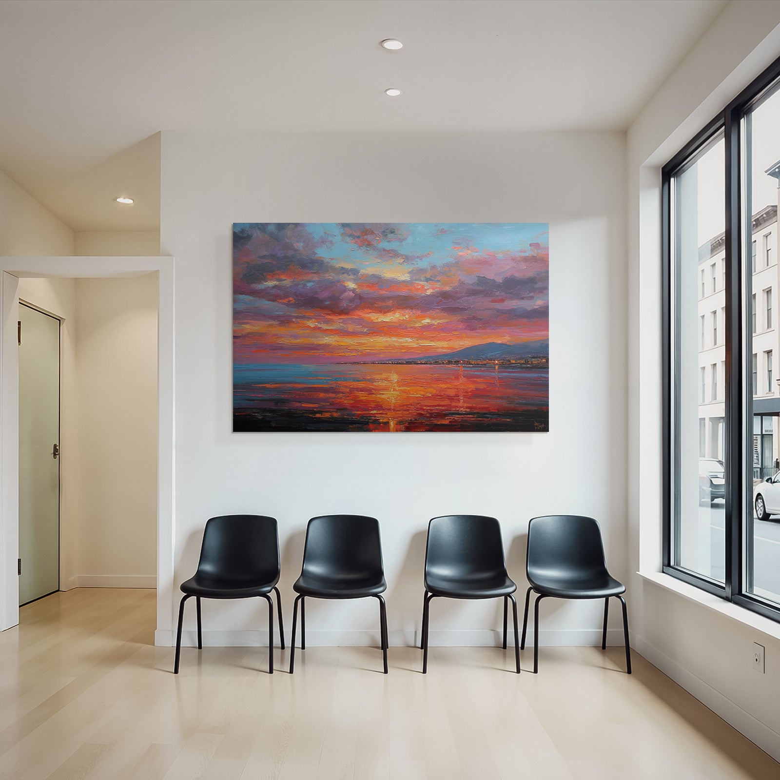 Sunset on the water with mountains, city lights and brushstrokes