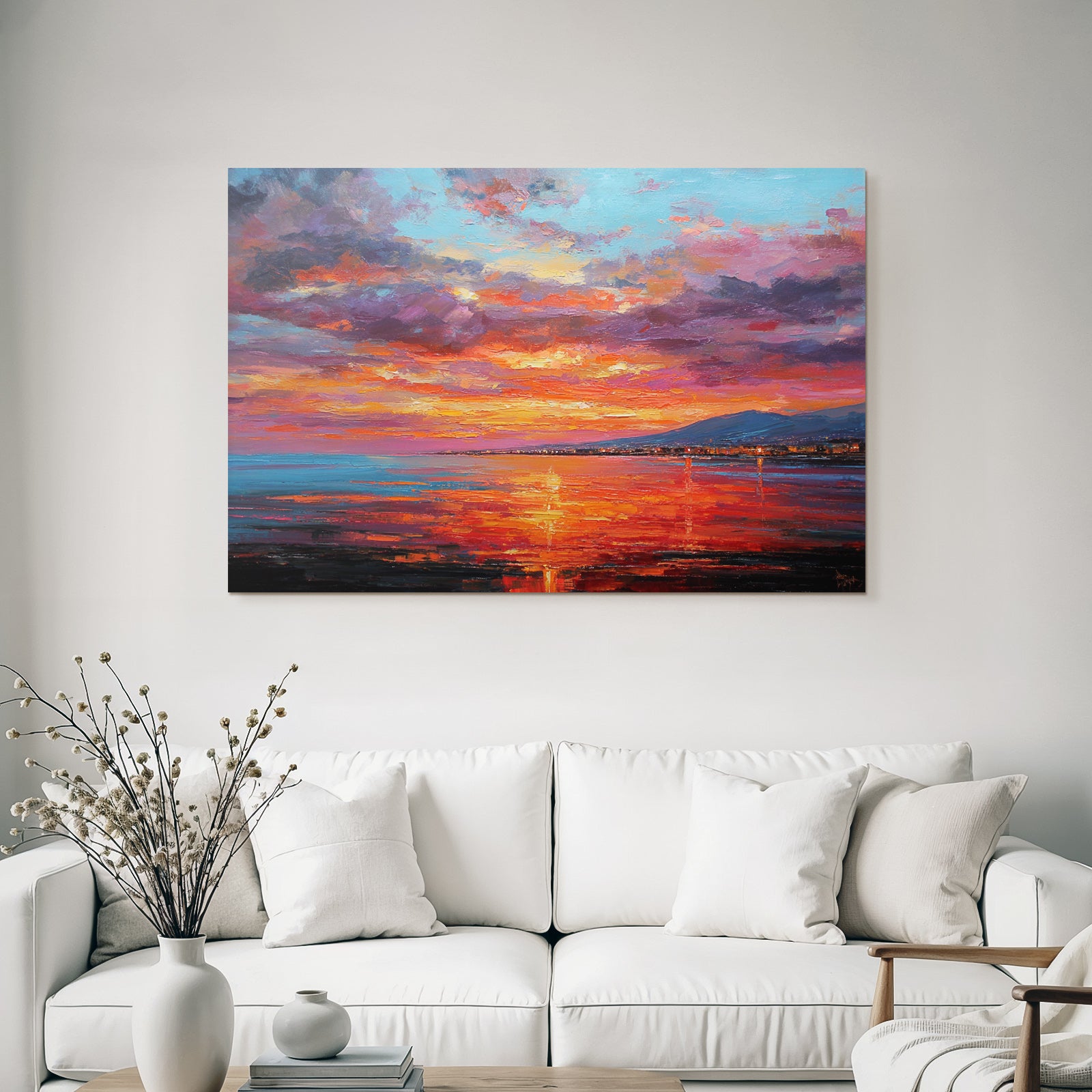 Sunset on the water with mountains, city lights and brushstrokes