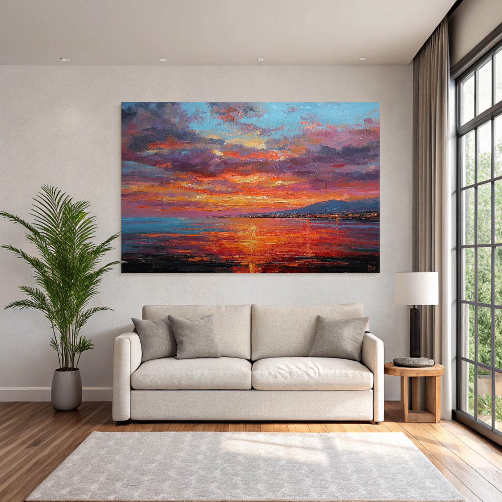 Sunset on the water with mountains, city lights and brushstrokes
