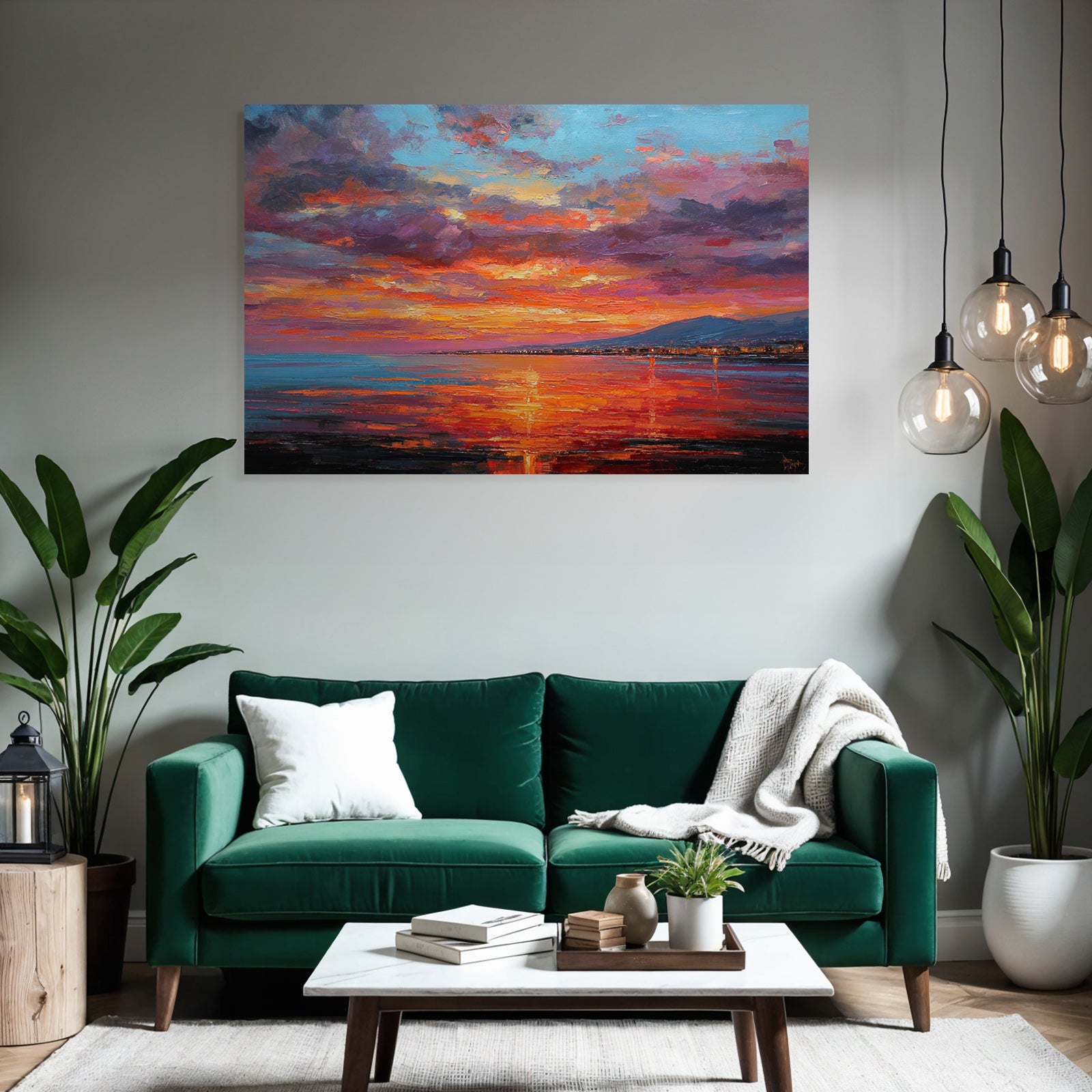 Sunset on the water with mountains, city lights and brushstrokes