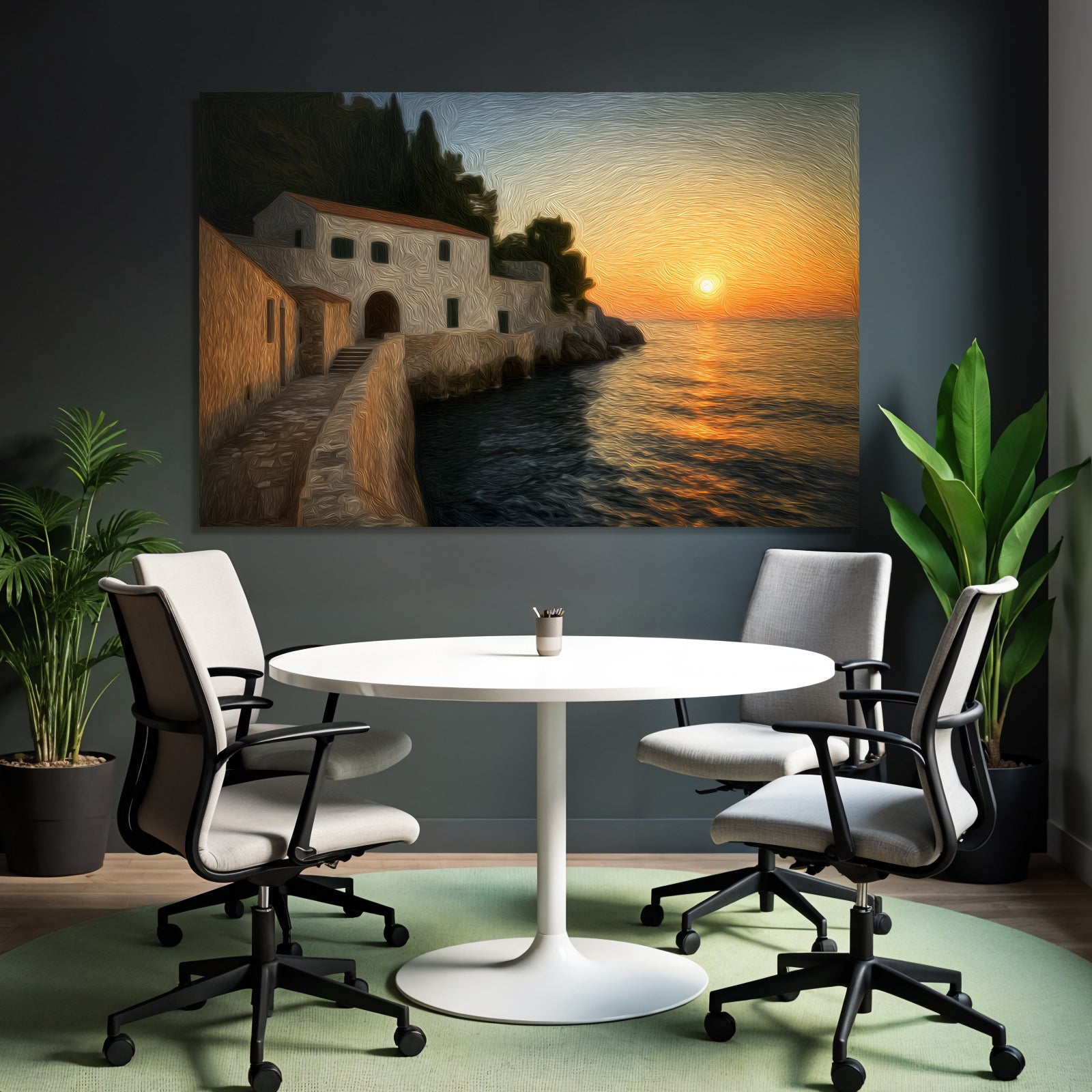 Sunset on the coast with stairs to the water and wooden house Impressionistic