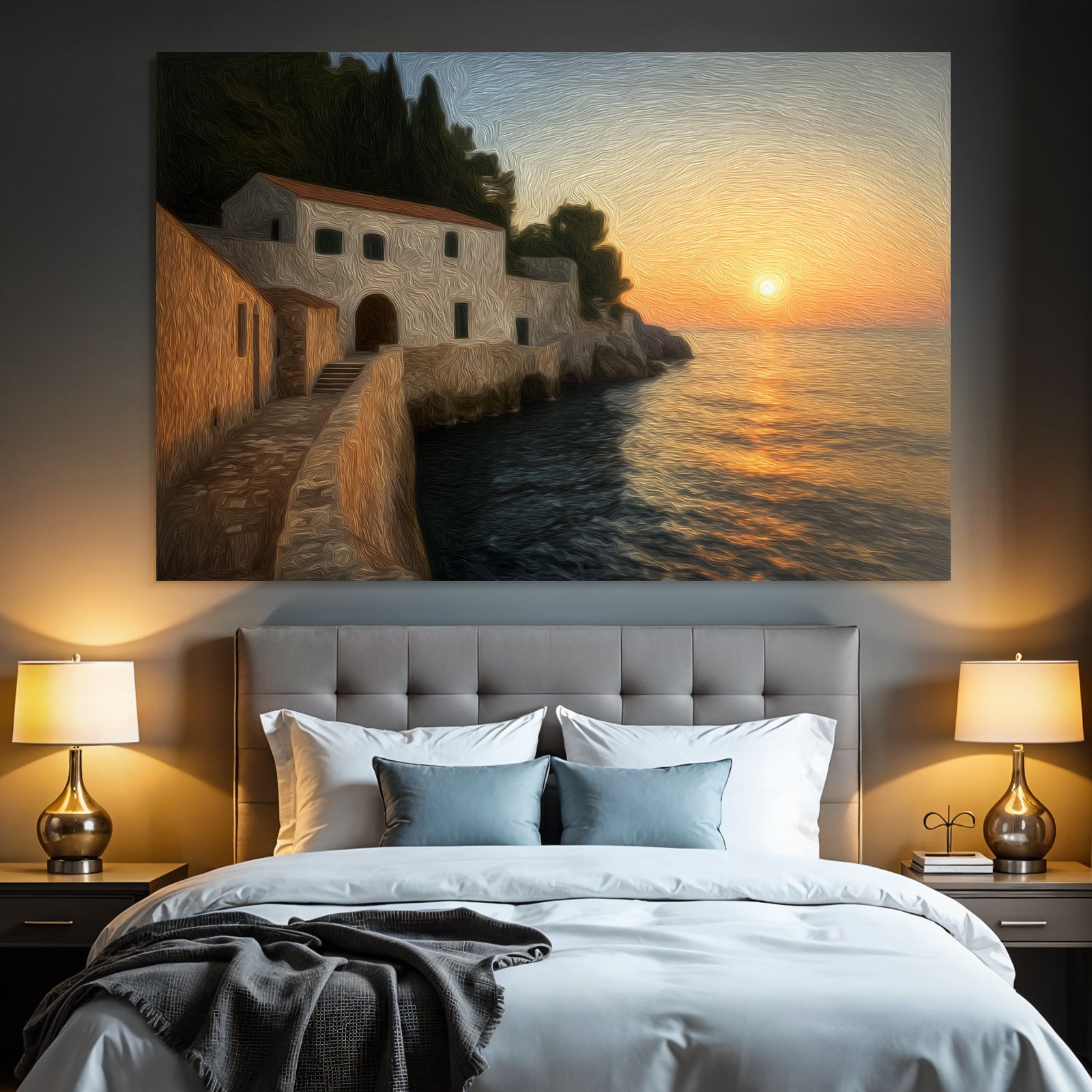 Sunset on the coast with stairs to the water and wooden house Impressionistic