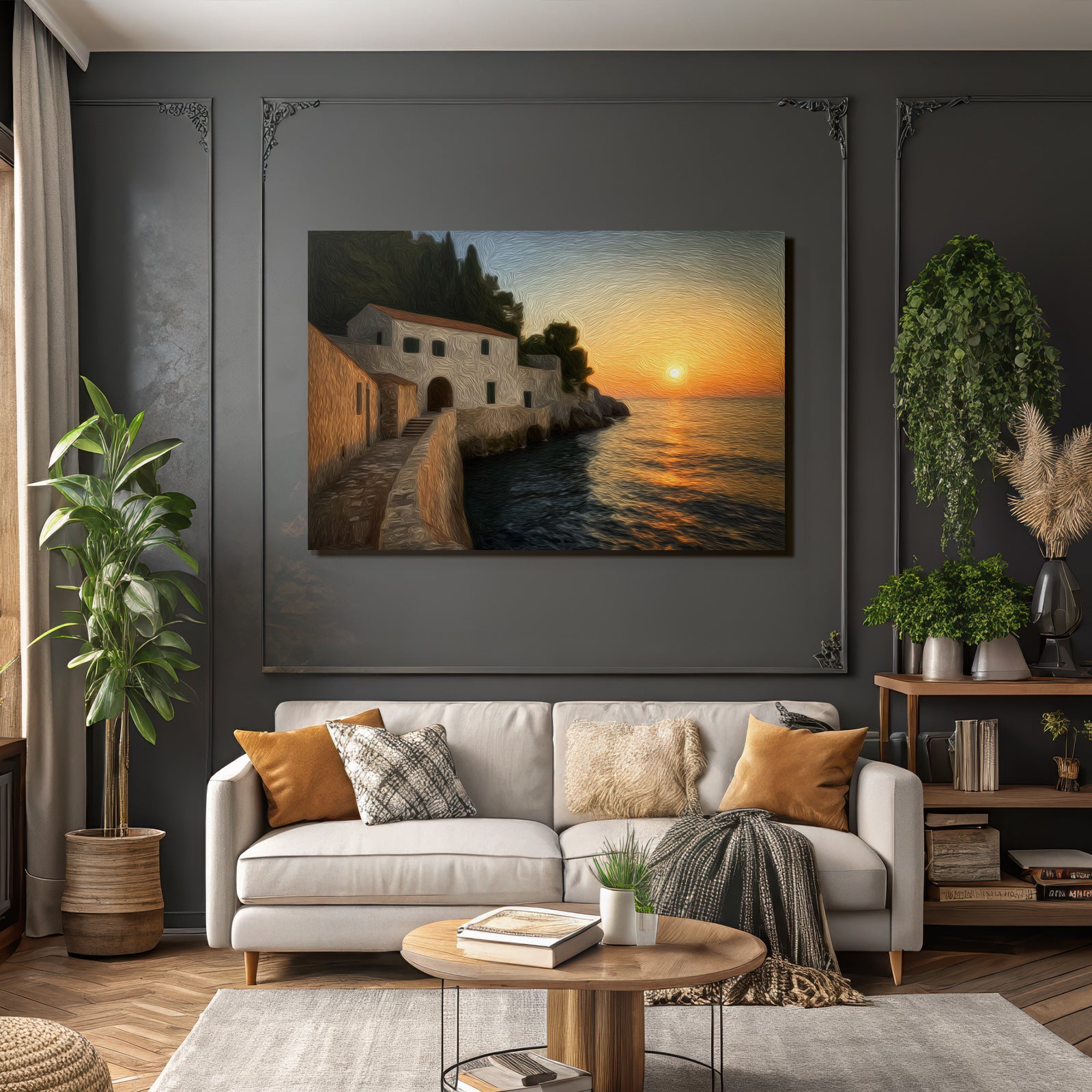 Sunset on the coast with stairs to the water and wooden house Impressionistic