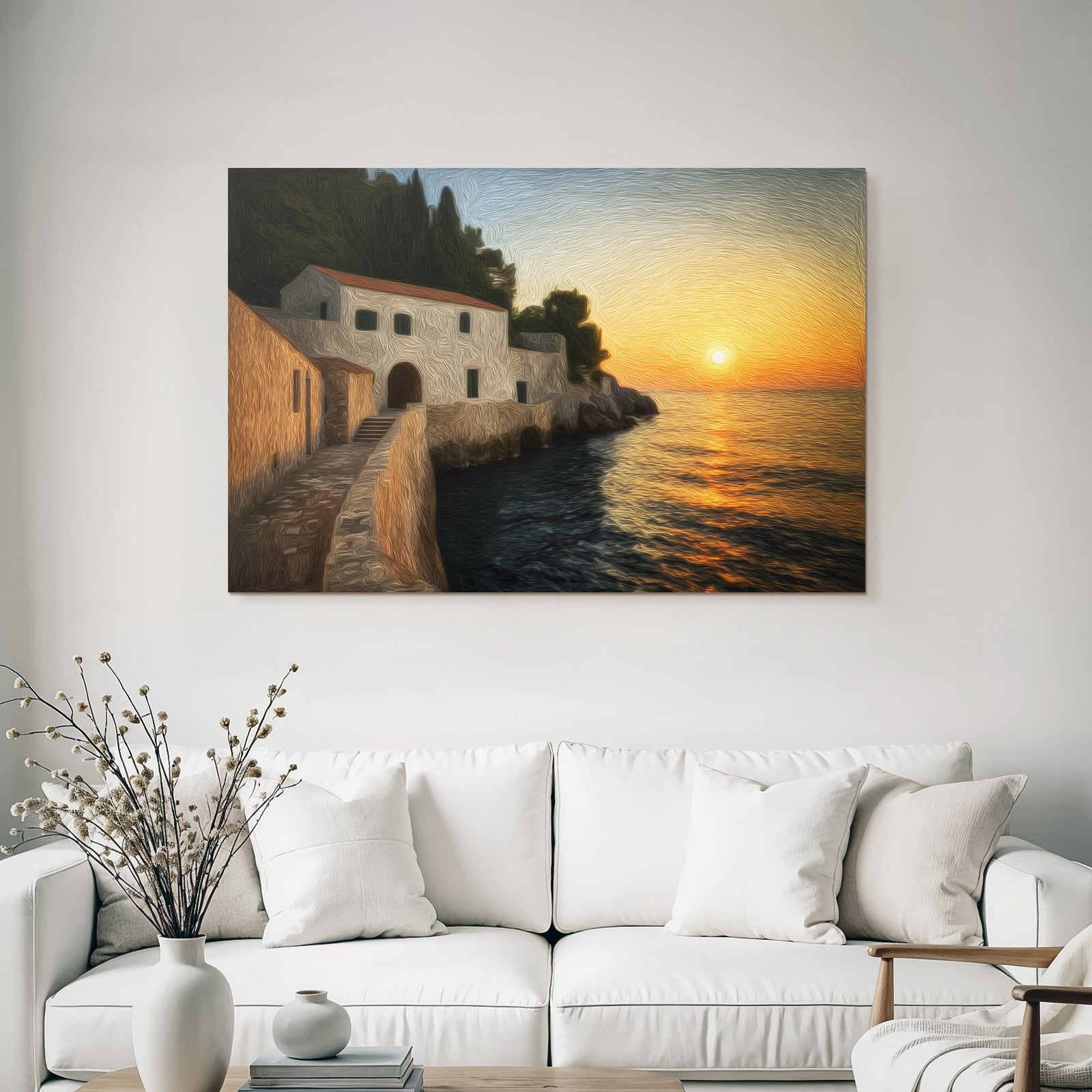 Sunset on the coast with stairs to the water and wooden house Impressionistic