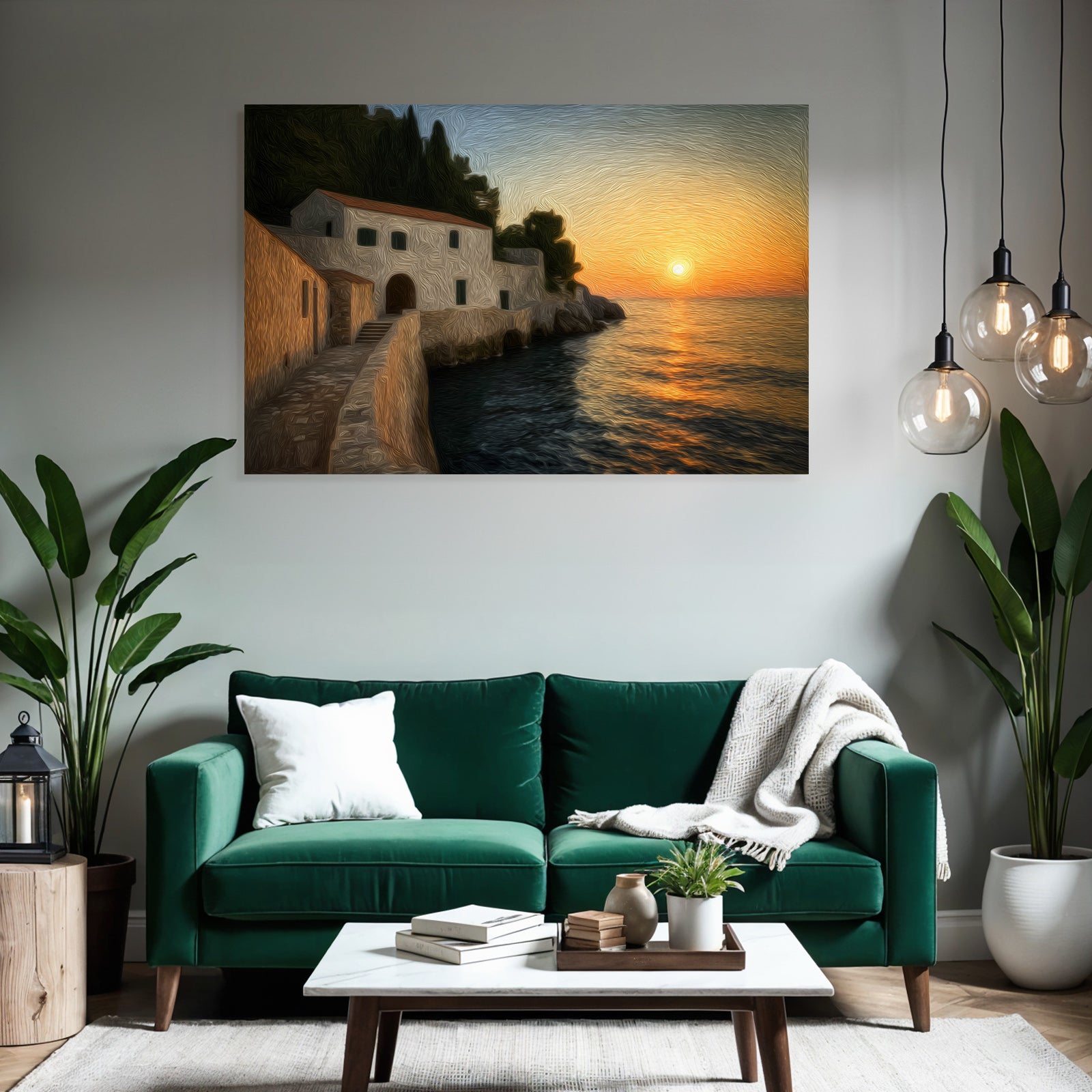 Sunset on the coast with stairs to the water and wooden house Impressionistic