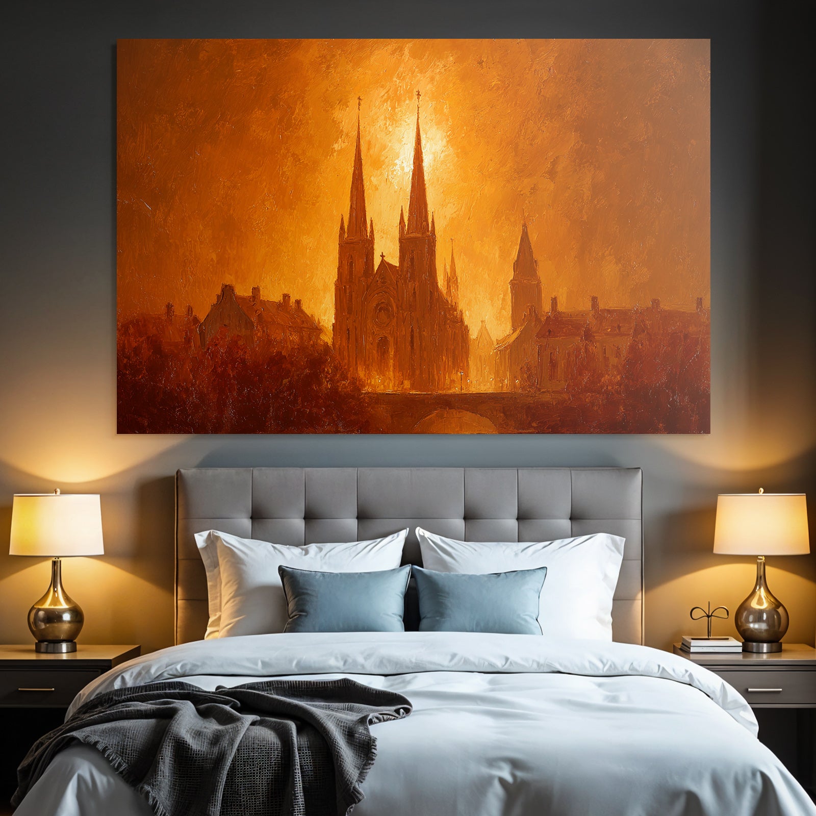 Sunset over urban architecture with church steeples and golden illumination