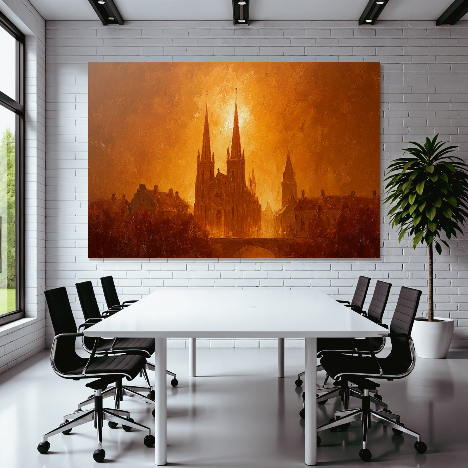 Sunset over urban architecture with church steeples and golden illumination