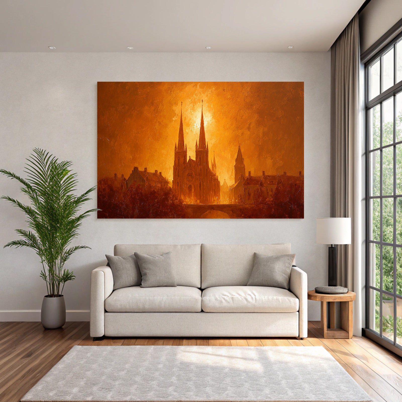 Sunset over urban architecture with church steeples and golden illumination