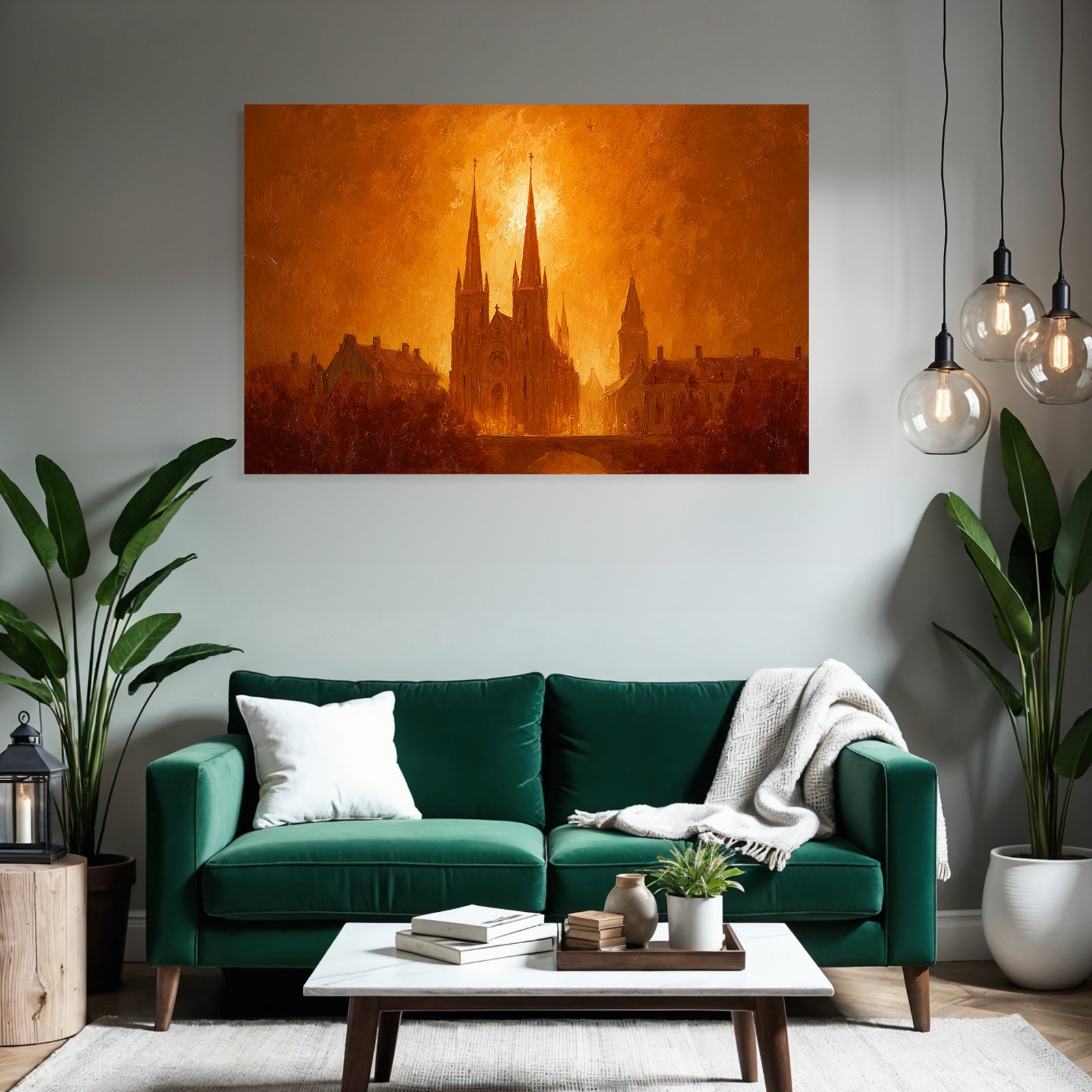 Sunset over urban architecture with church steeples and golden illumination