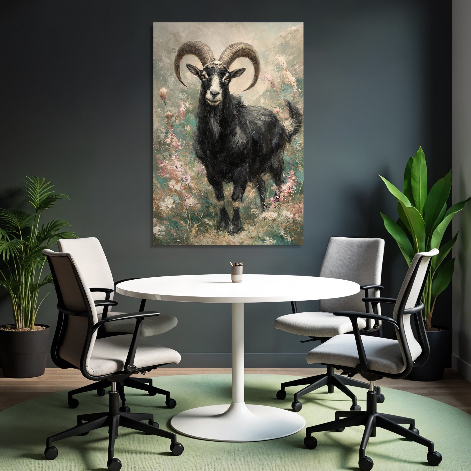 Schwarze Ziege Mit Geschwungenen Hornern Vor Bunten Blumen