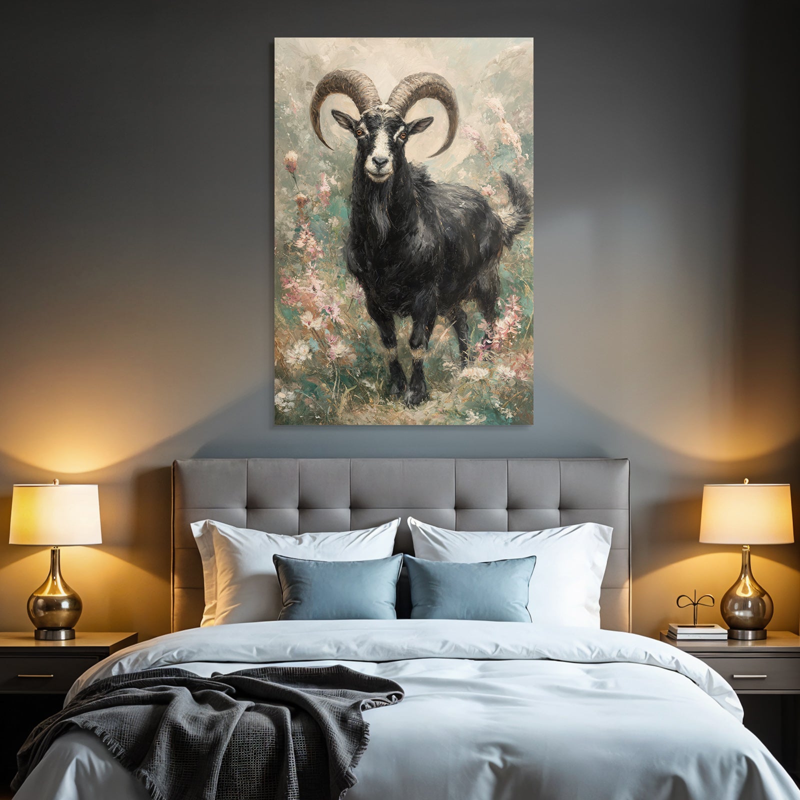 Schwarze Ziege Mit Geschwungenen Hornern Vor Bunten Blumen