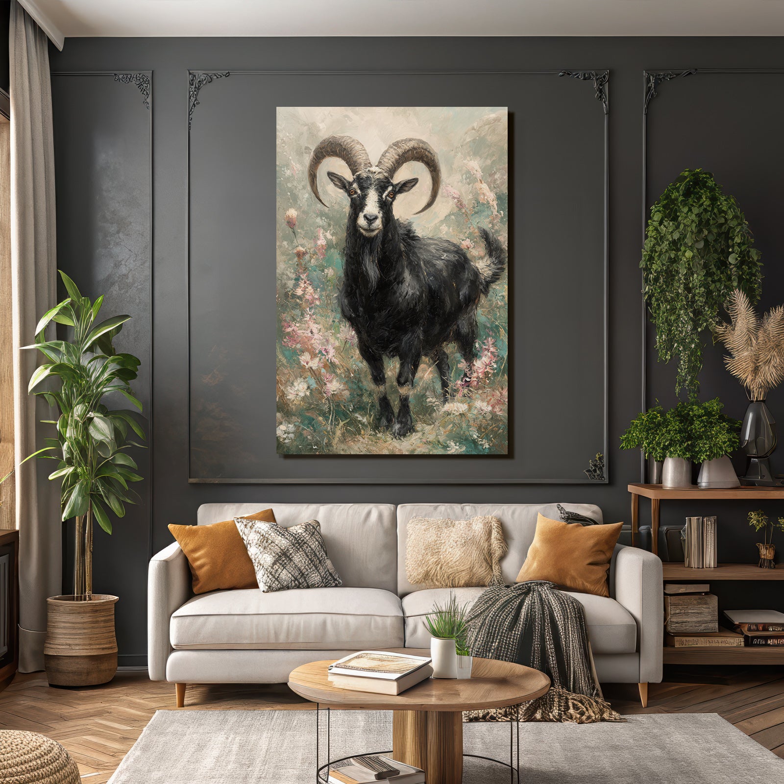 Schwarze Ziege Mit Geschwungenen Hornern Vor Bunten Blumen