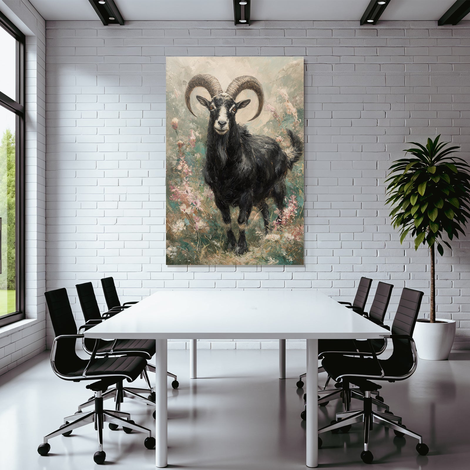 Schwarze Ziege Mit Geschwungenen Hornern Vor Bunten Blumen