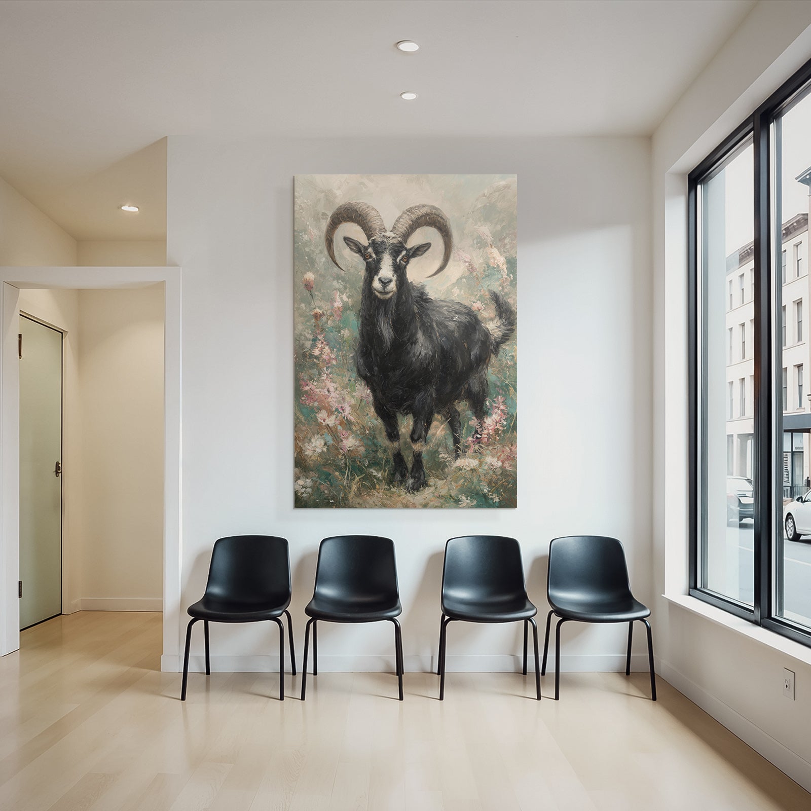 Schwarze Ziege Mit Geschwungenen Hornern Vor Bunten Blumen