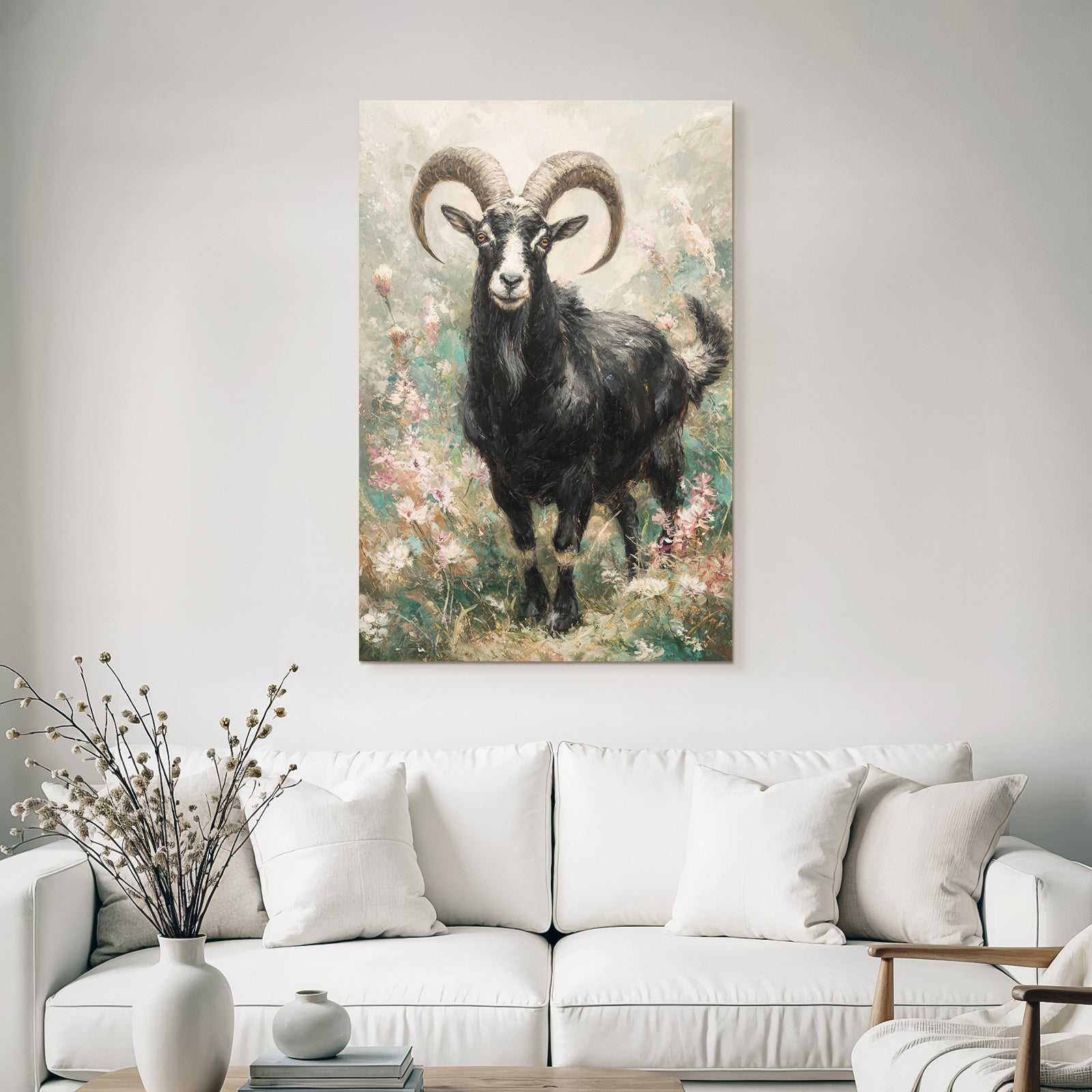 Schwarze Ziege Mit Geschwungenen Hornern Vor Bunten Blumen