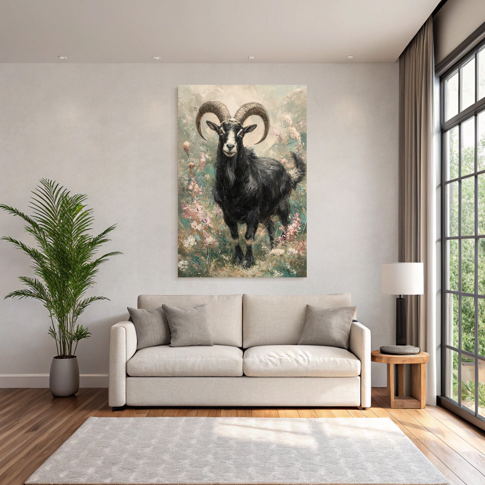 Schwarze Ziege Mit Geschwungenen Hornern Vor Bunten Blumen