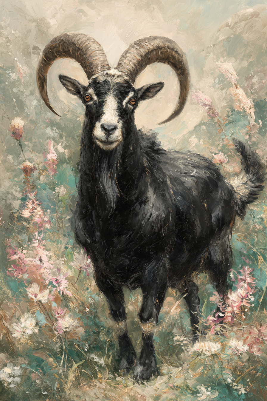 Schwarze Ziege Mit Geschwungenen Hornern Vor Bunten Blumen | Wasserfaelle und Tropfen | Natur