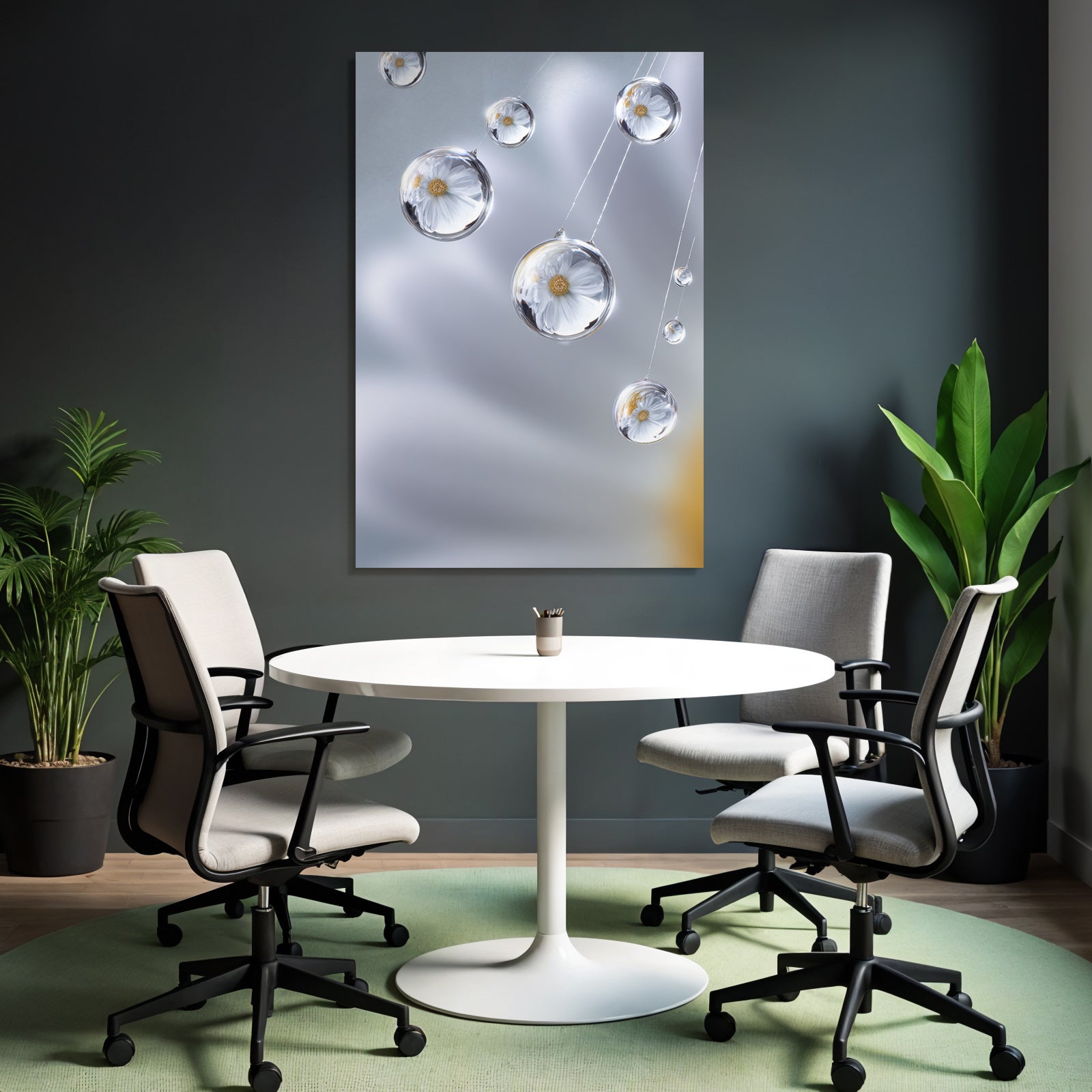 Dewdrops with white flower reflection