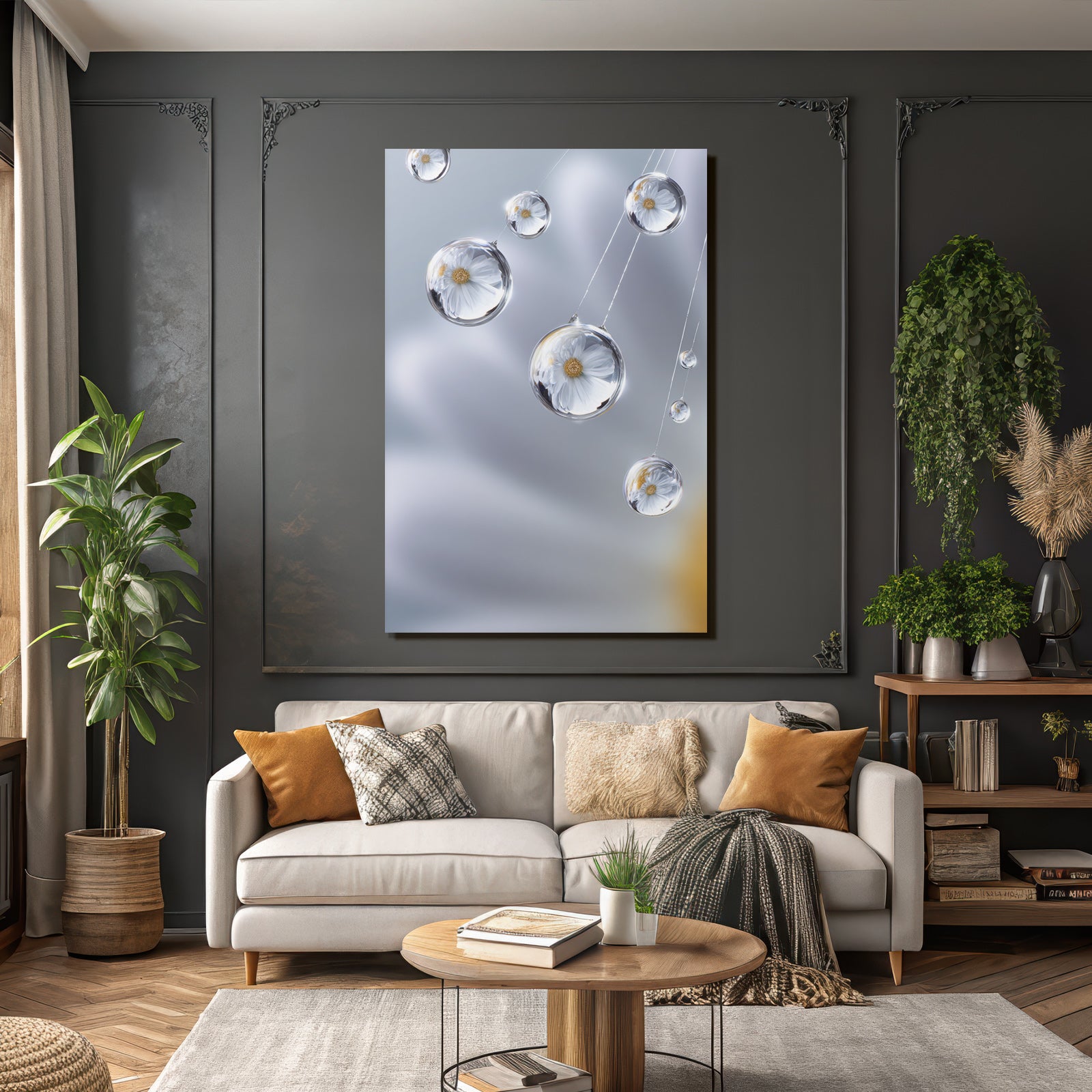 Dewdrops with white flower reflection