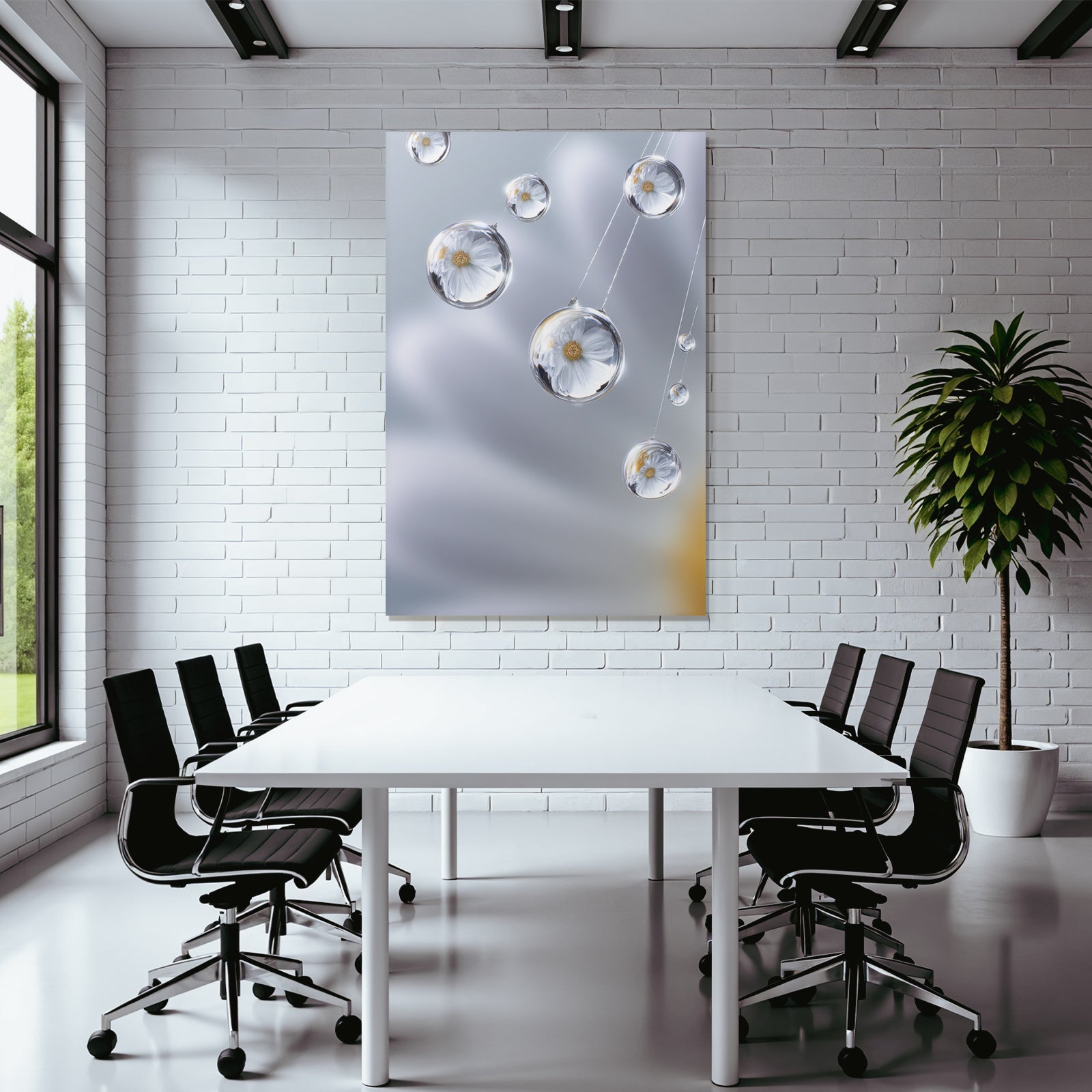Dewdrops with white flower reflection