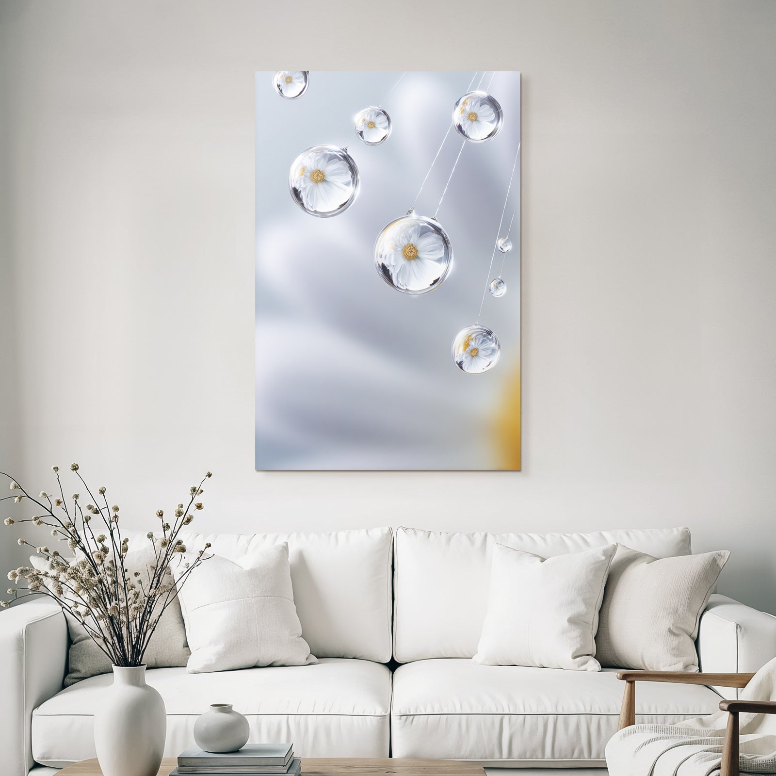 Dewdrops with white flower reflection