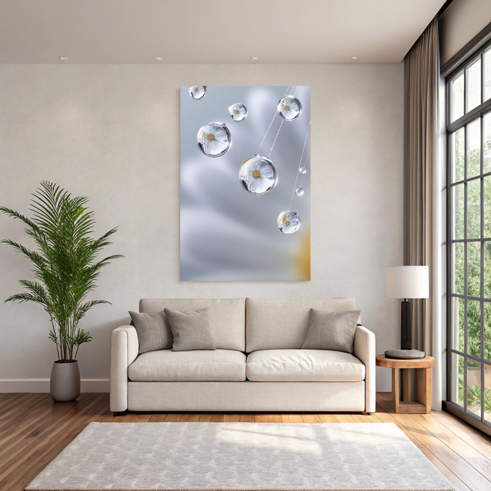 Dewdrops with white flower reflection