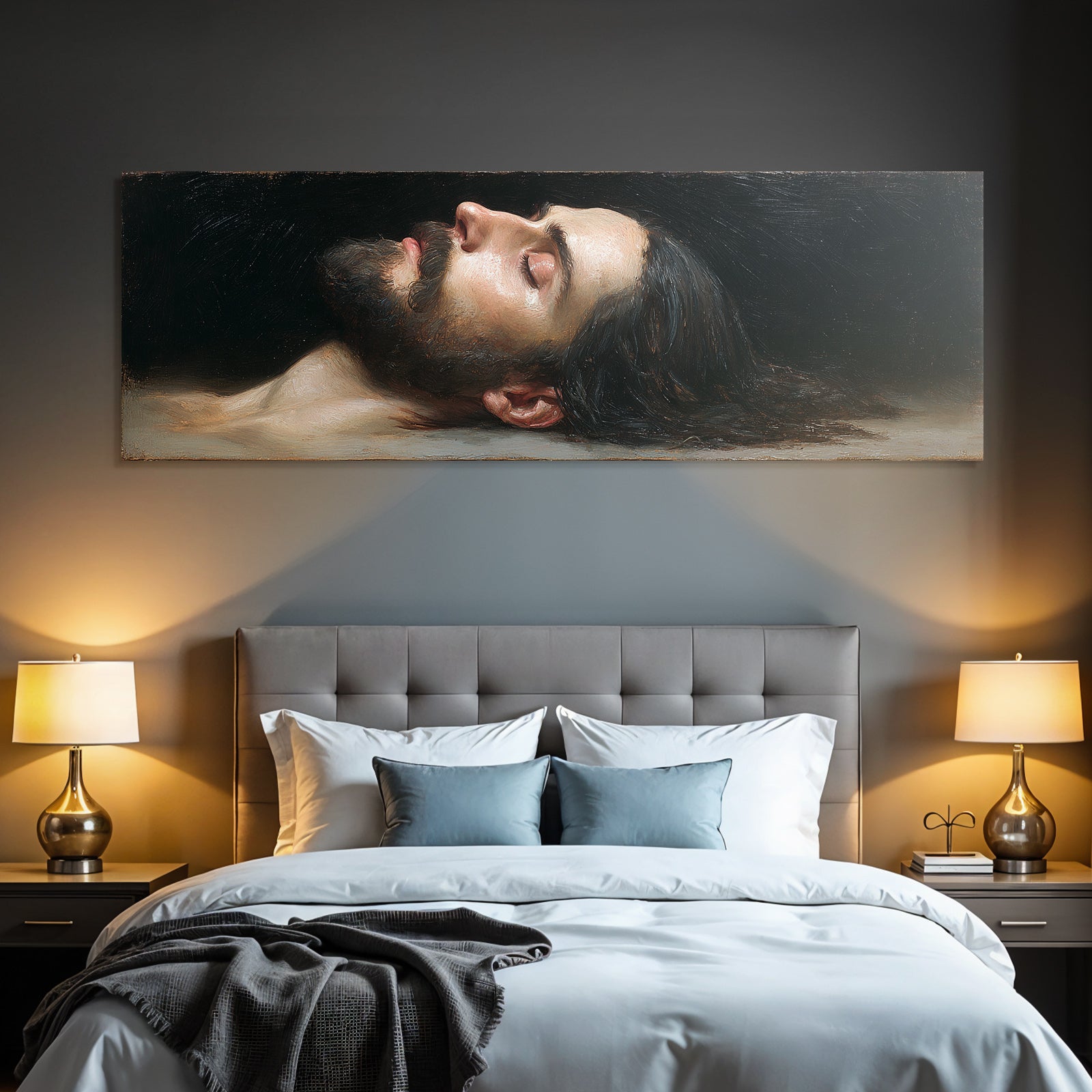 Serener Bärtiger Mann Mit Geschlossenen Augen Vor Dunklem Hintergrund