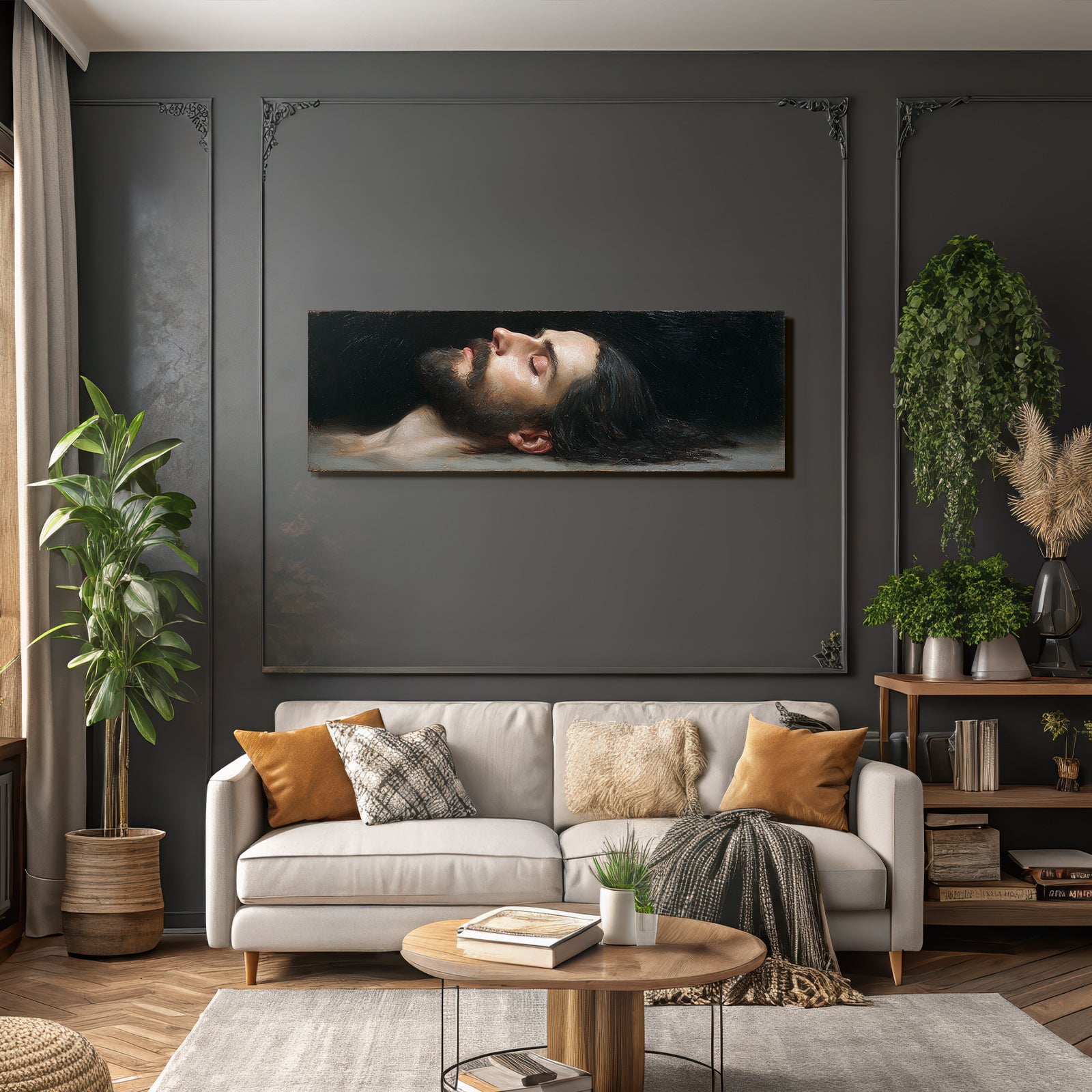 Serener Bärtiger Mann Mit Geschlossenen Augen Vor Dunklem Hintergrund