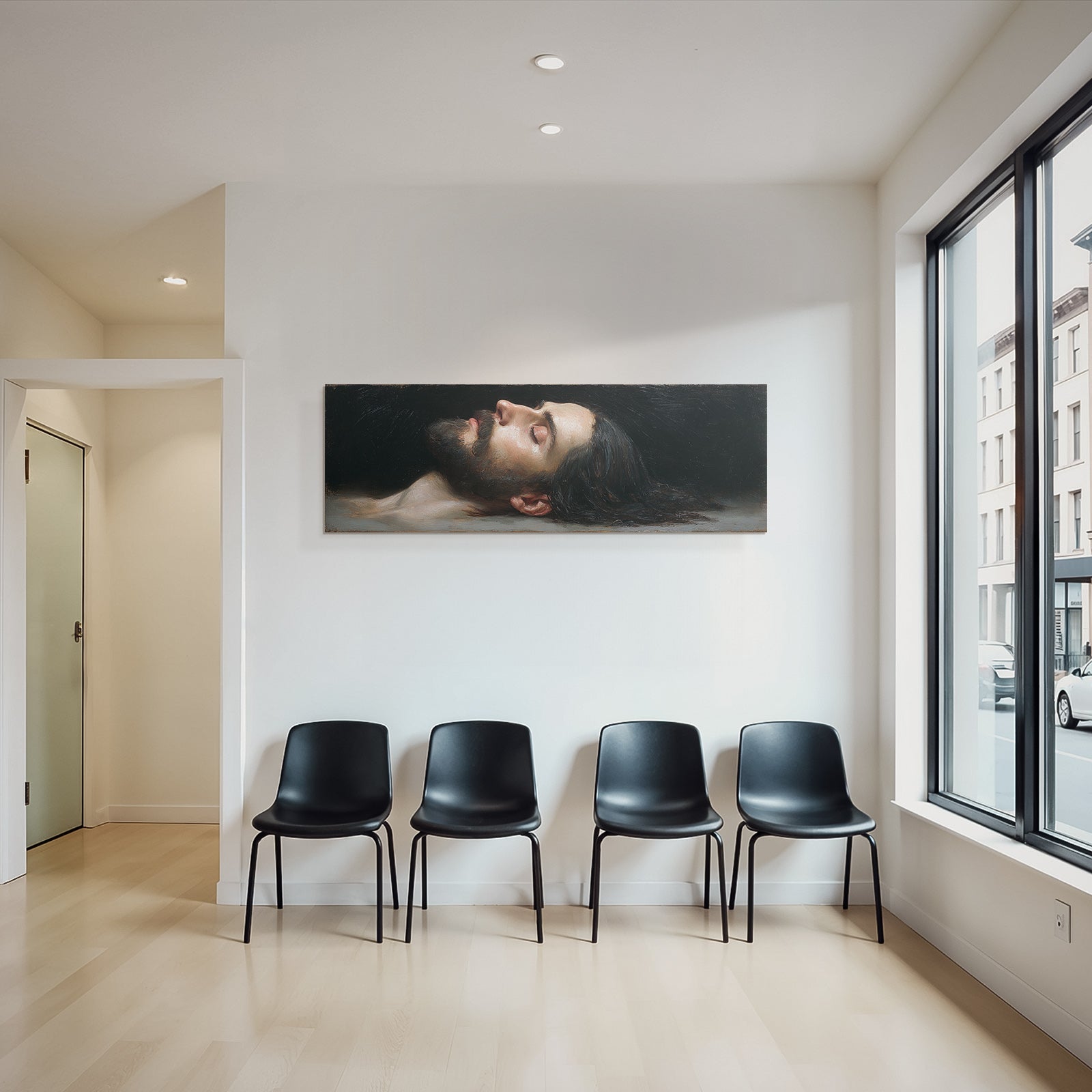 Serener Bärtiger Mann Mit Geschlossenen Augen Vor Dunklem Hintergrund