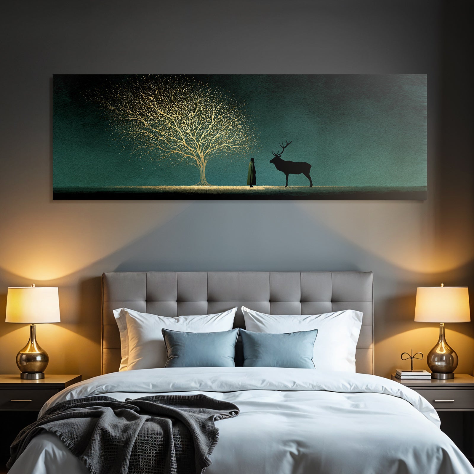 Silhoütte Von Mensch Und Hirsch Vor Mystischem Leuchtendem Baum