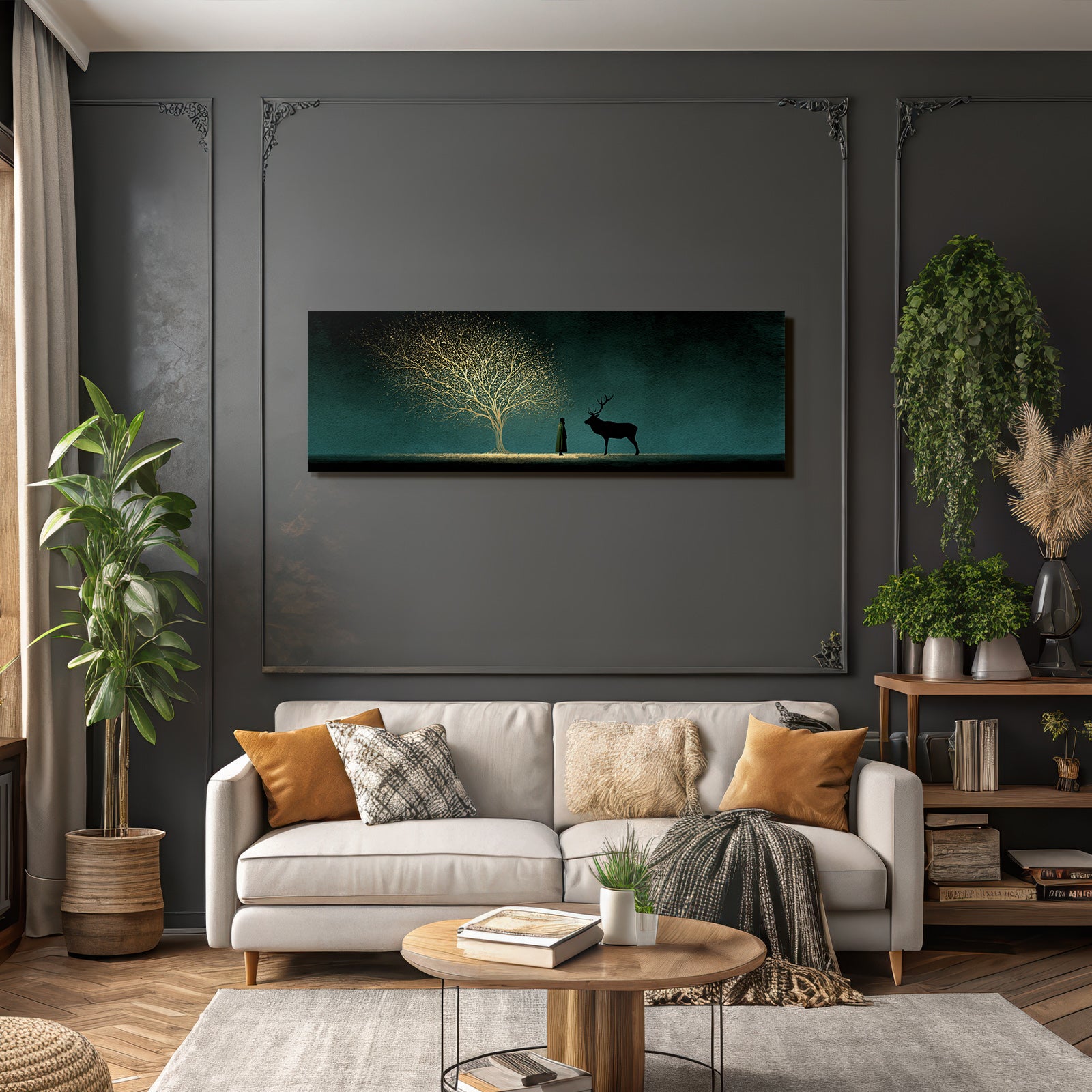 Silhoütte Von Mensch Und Hirsch Vor Mystischem Leuchtendem Baum