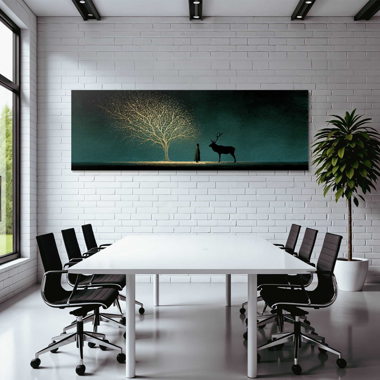 Silhoütte Von Mensch Und Hirsch Vor Mystischem Leuchtendem Baum