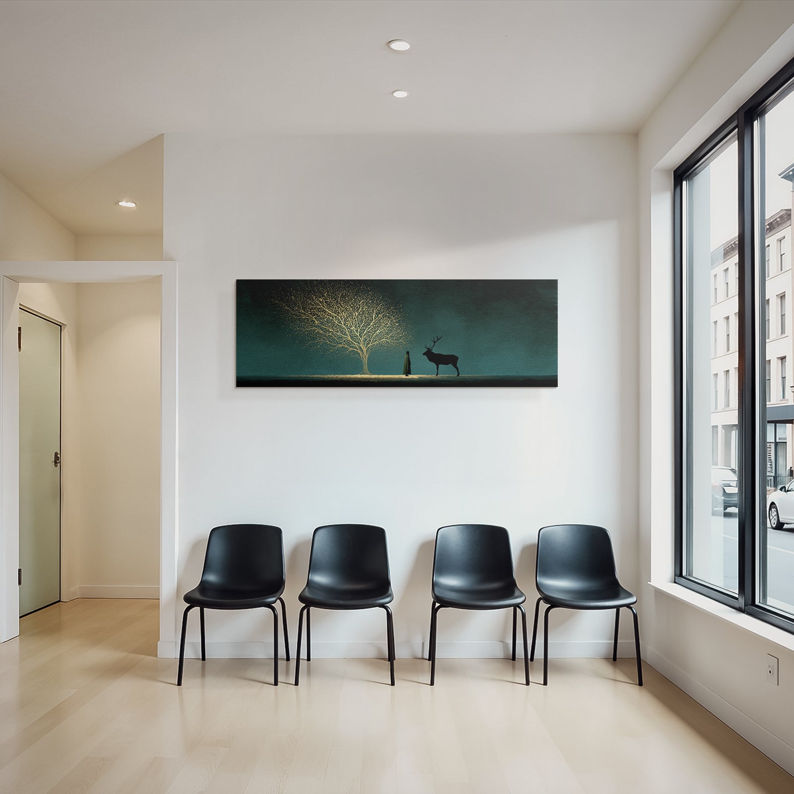 Silhoütte Von Mensch Und Hirsch Vor Mystischem Leuchtendem Baum