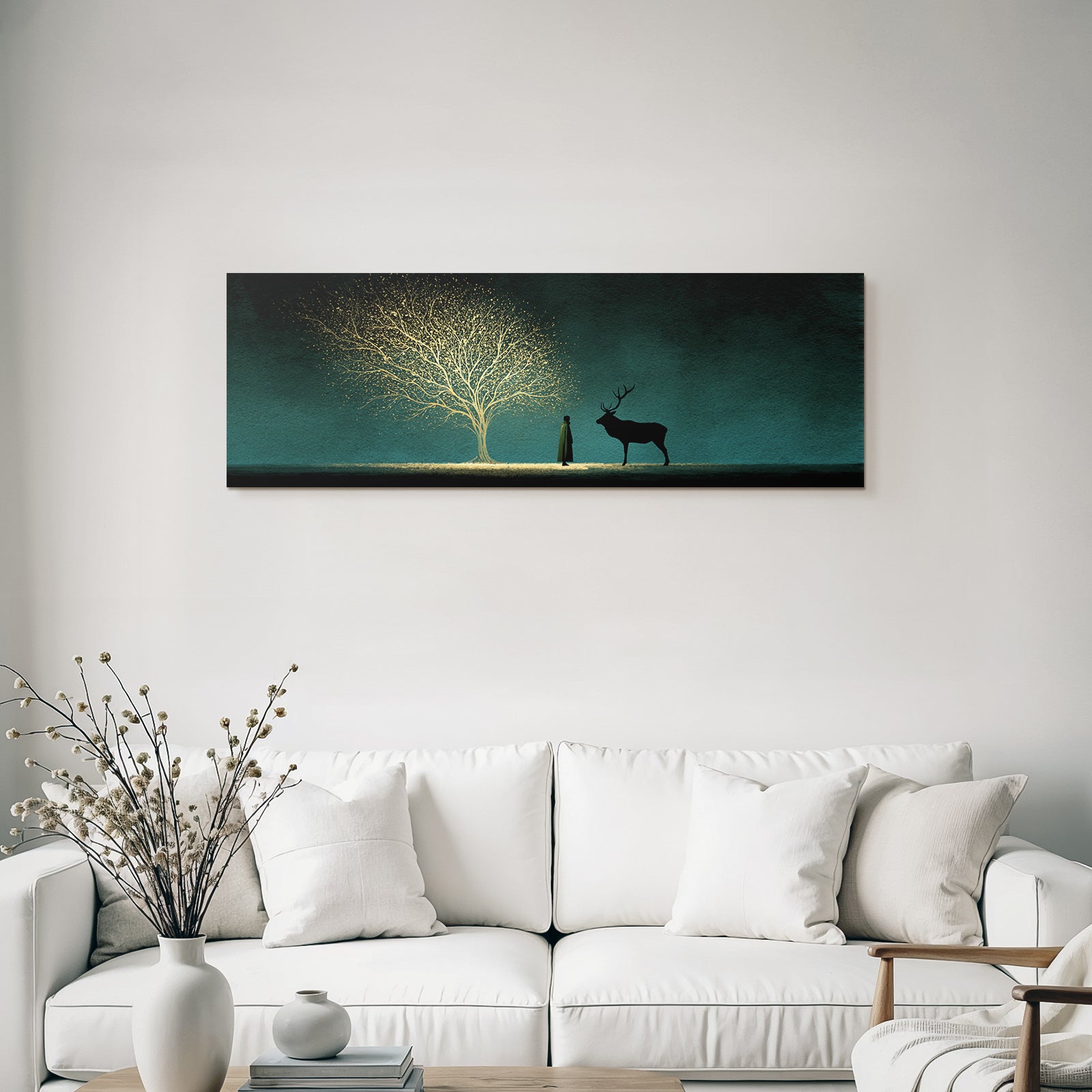 Silhoütte Von Mensch Und Hirsch Vor Mystischem Leuchtendem Baum